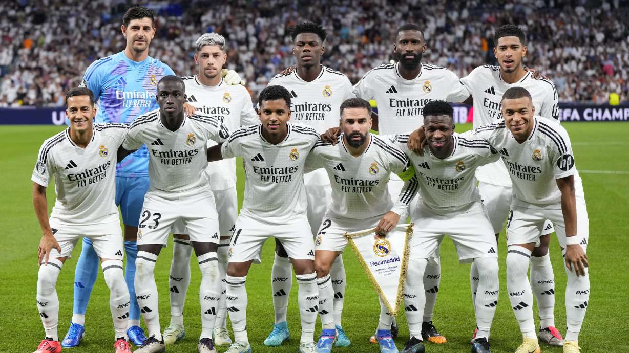 Real Madrid players pose for photographers prior the Champions League opening phase soccer match between Real Madrid and VfB Stuttgart at the Santiago Bernabeu stadium, in Madrid, Tuesday, Sept. 17, 2024.