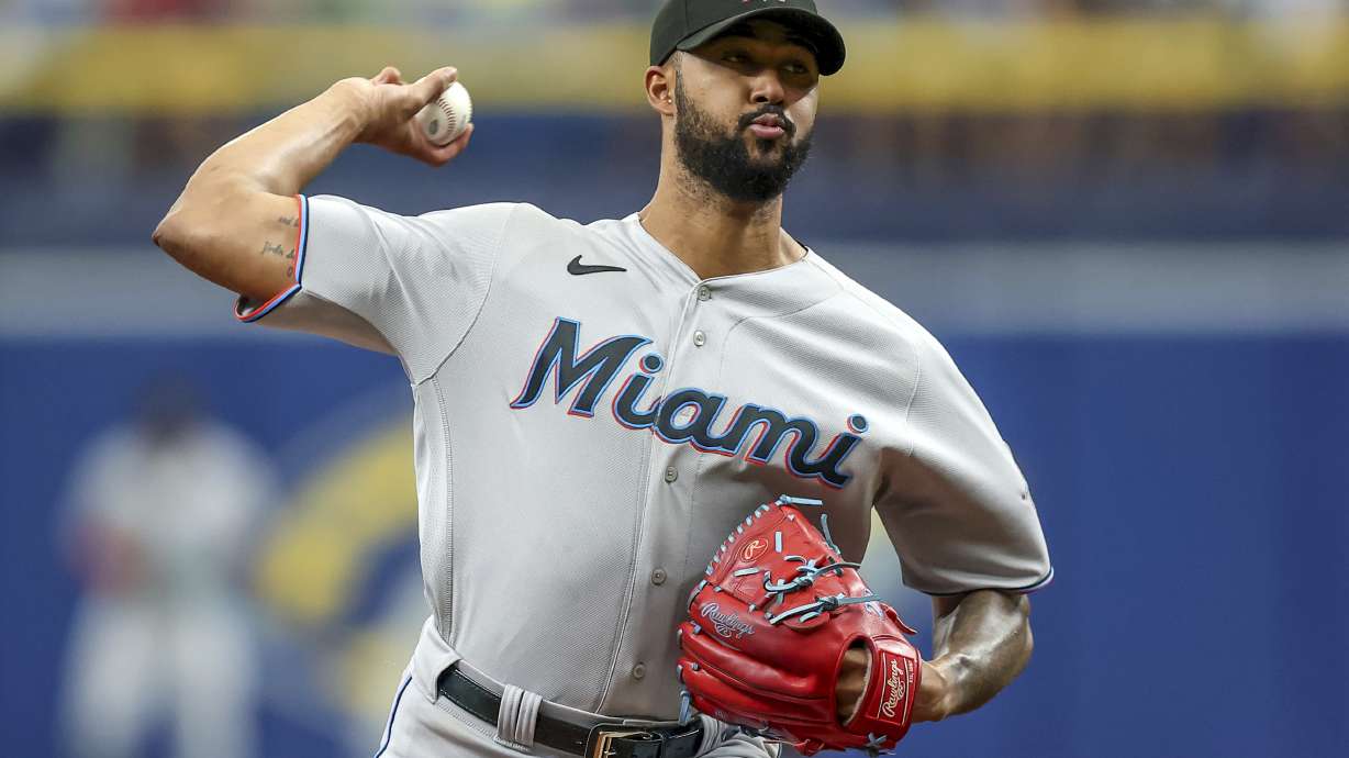 FILE - Miami Marlins starting pitcher Sandy Alcantara throws to a Tampa Bay Rays batter during the first inning of a baseball game July 26, 2023, in St. Petersburg, Fla.