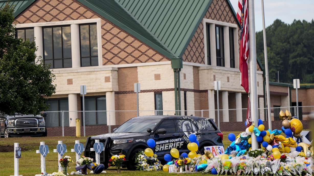 A memorial at Apalachee High School after the school shooting, Sept. 7 in Winder, Ga. Students at the school will return to campus for half-days beginning next week.