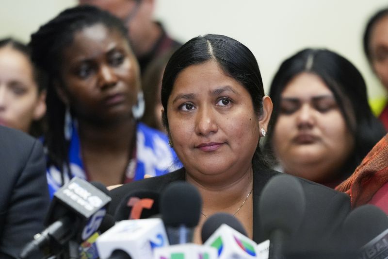 Maria del Carmen Castellón, the wife of Miguel Luna, a welder who died during the collapse of Baltimore's Francis Scott Key Bridge, speaks during a press conference, Tuesday in Baltimore.