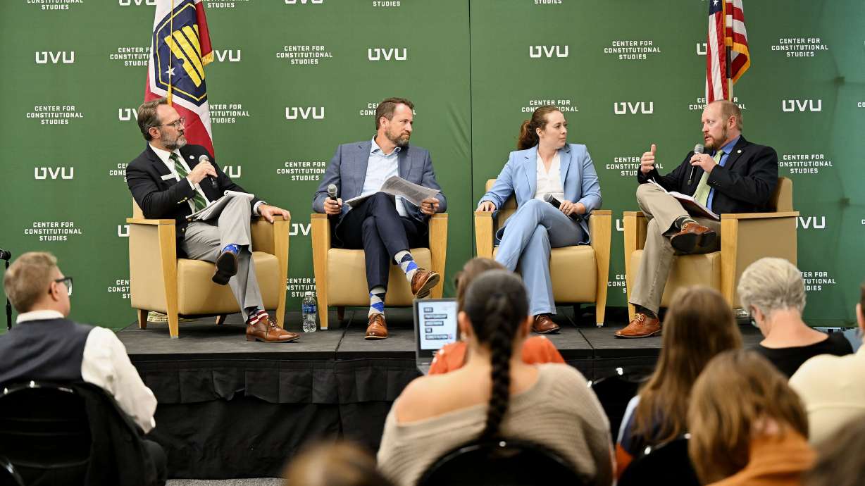 Matthew Brogdon, Ryan Bell, Savannah Eccles Johnston and Derek Monson take part in a panel discussion about Ballot Initiatives in Utah, in Orem at UVU on Tuesday.