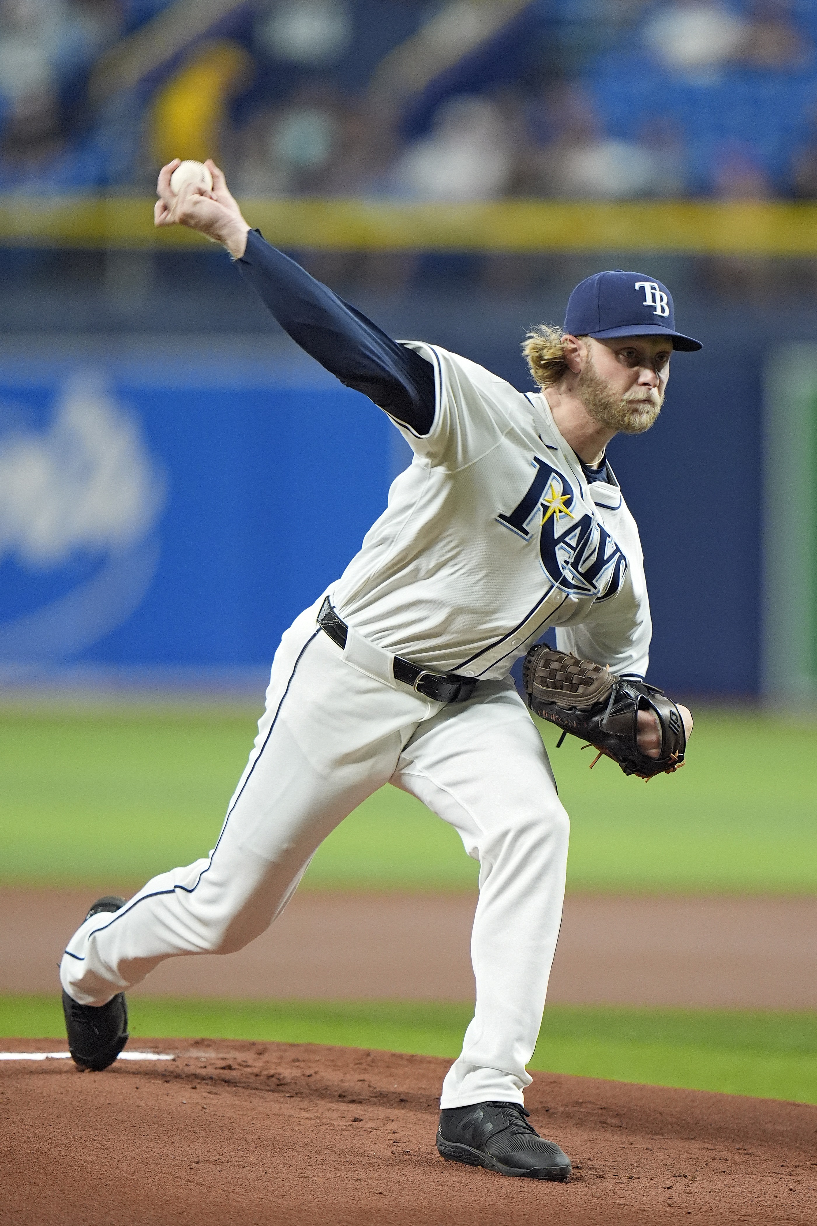 Tampa Bay Rays' Shane Baz pitches to the Boston Red Sox during the first inning of a baseball game Tuesday, Sept. 17, 2024, in St. Petersburg, Fla.