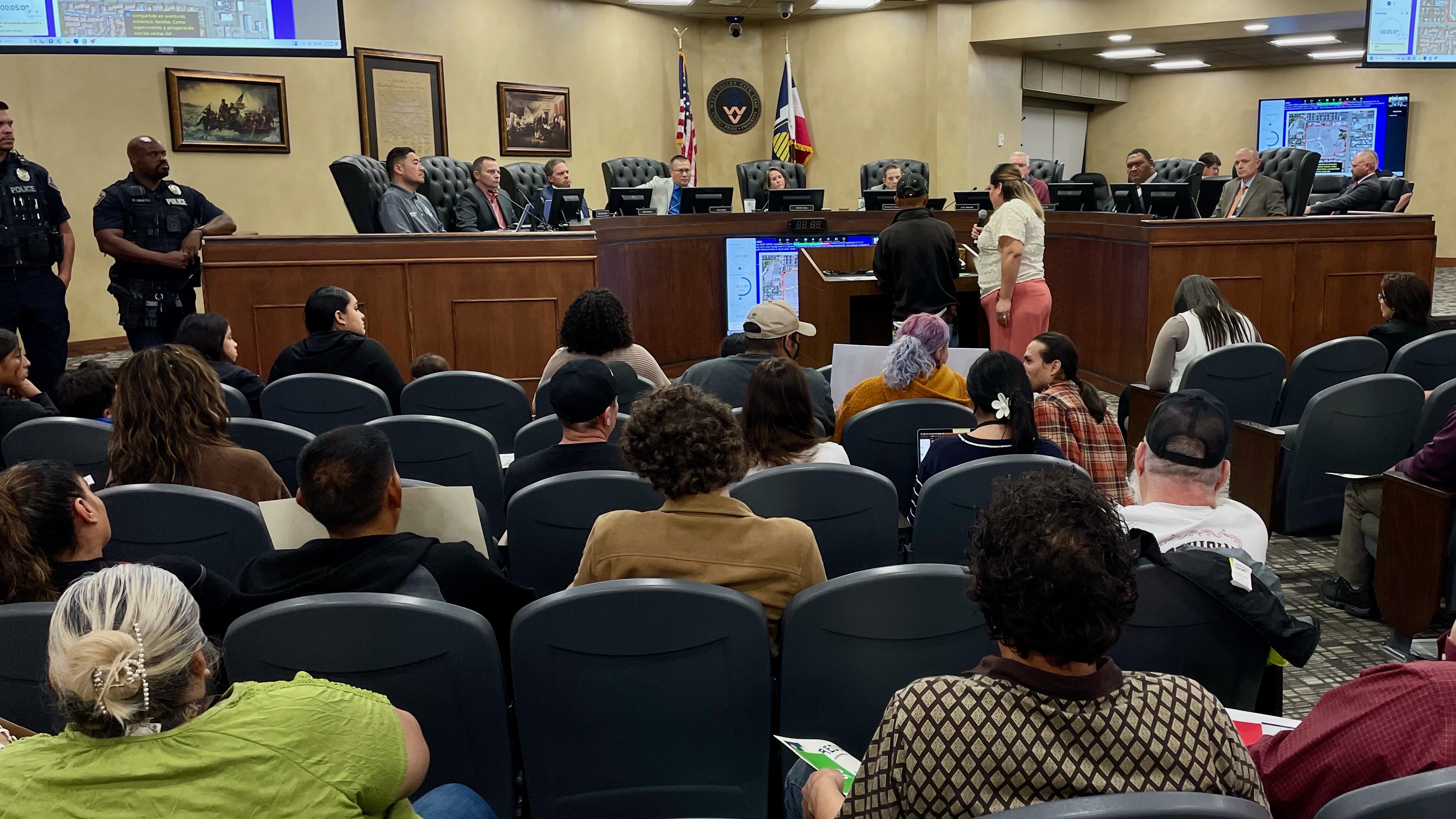 The West Valley City Council listens to a speaker at a hearing on plans to redevelop the Redwood Swap Meet site on Tuesday.