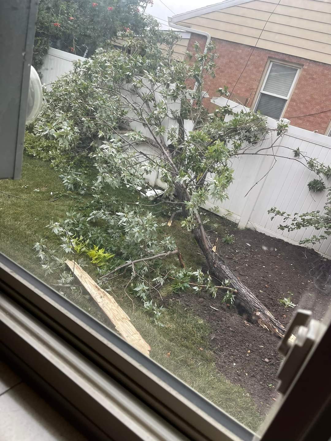 A tree branch fell into a fence at a home in Roy during a storm on Tuesday.