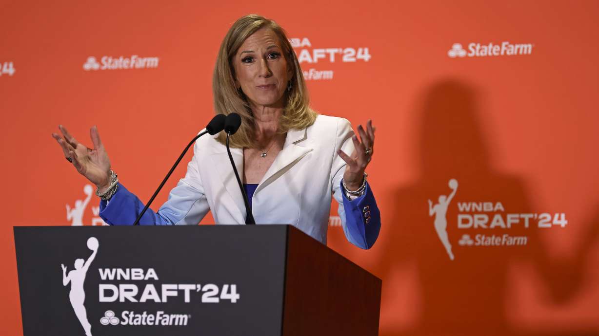 FILE - WNBA commissioner Cathy Engelbert speaks to the media before the WNBA basketball draft on Monday, April 15, 2024, in New York.