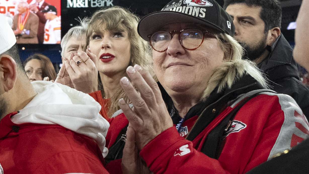 FILE - Taylor Swift stands with Donna Kelce after an AFC Championship NFL football game between the Kansas City Chiefs and the Baltimore Ravens, Sunday, Jan. 28, 2024, in Baltimore.