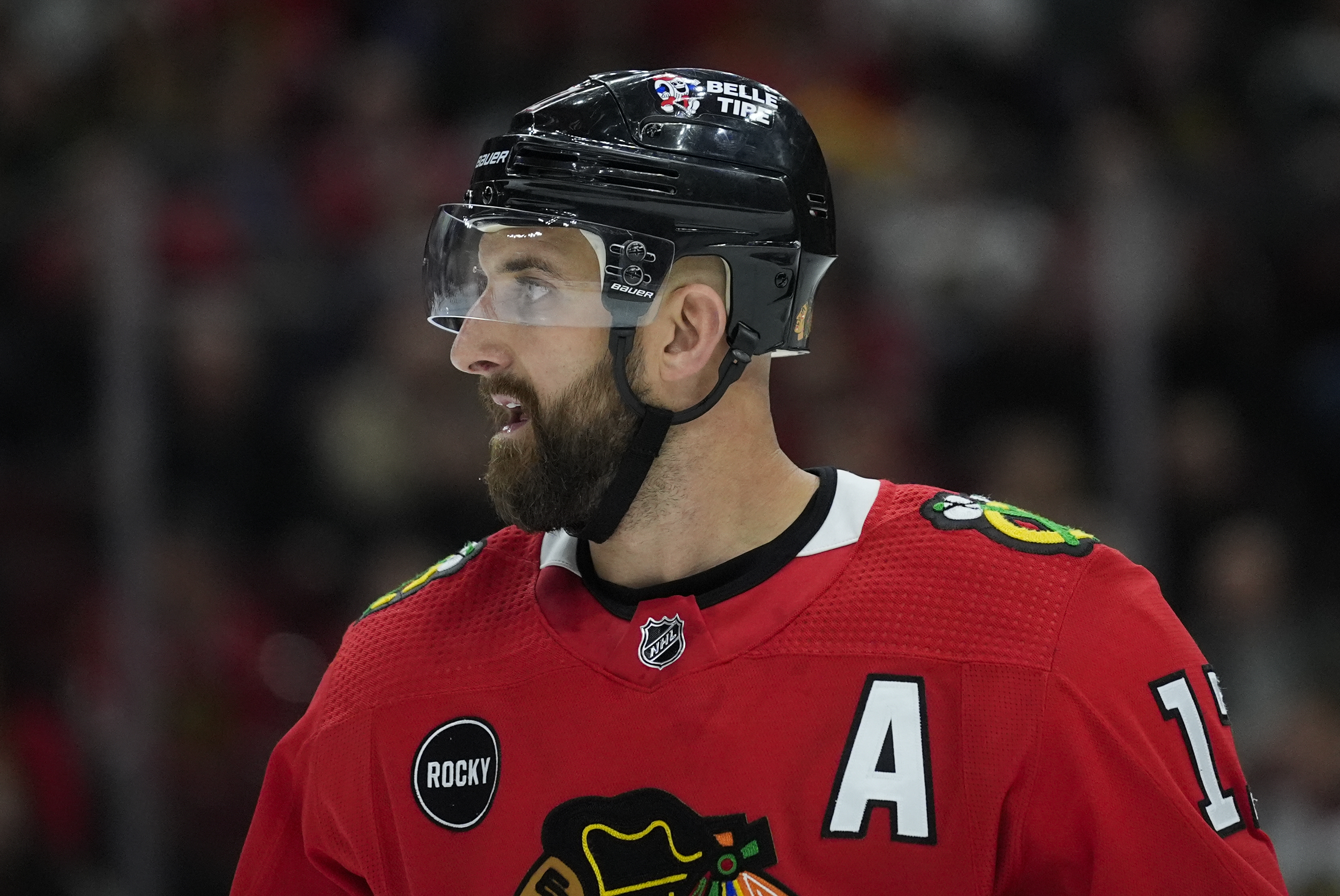 FILE - Chicago Blackhawks left wing Nick Foligno reacts after a penalty is called on him during the second period of an NHL hockey game against the Vancouver Canucks, Tuesday, Feb. 13, 2024, in Chicago.