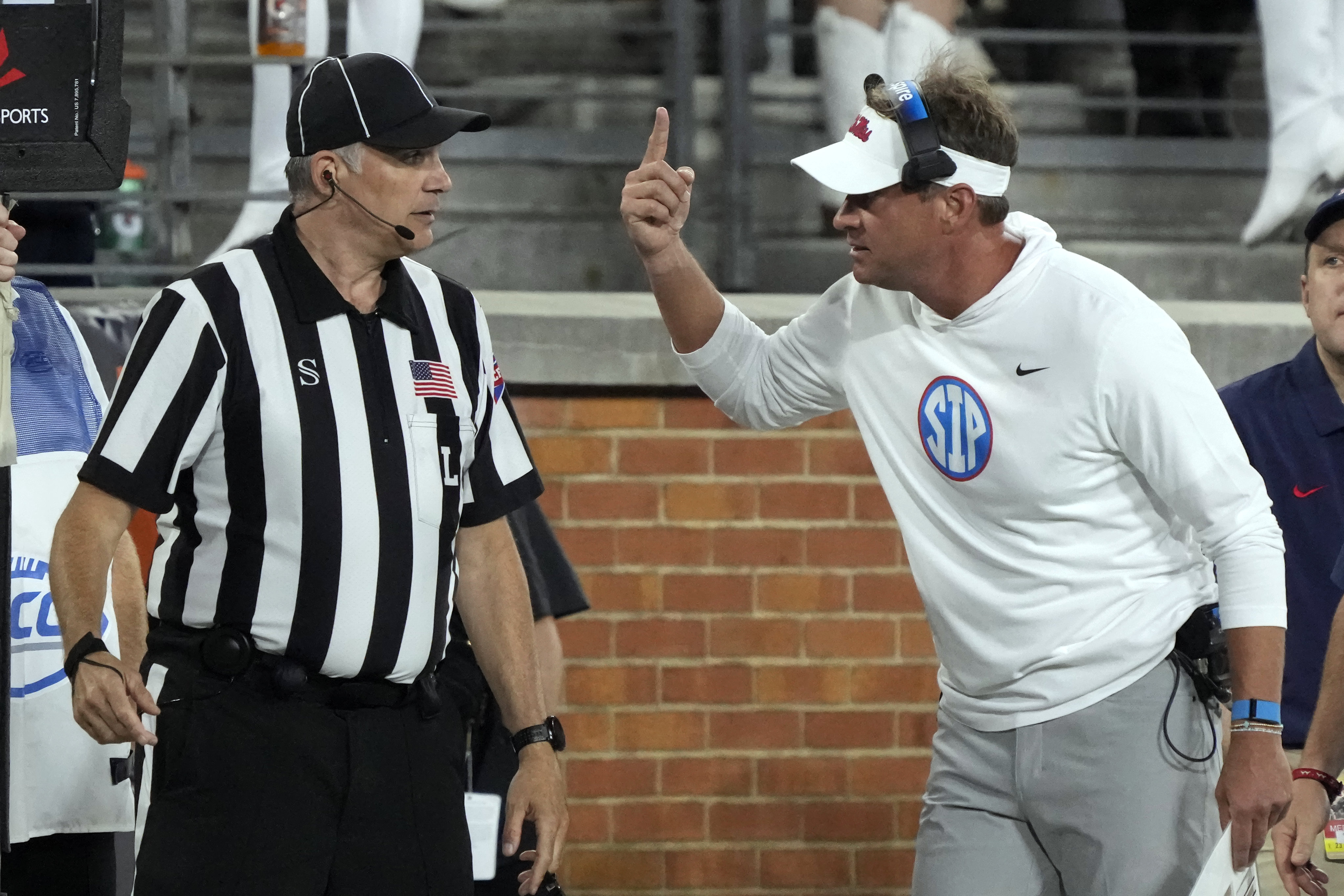 Mississippi head coach Lane Kiffin argues a call with an official during the first half of an NCAA college football game against Wake Forest in Winston-Salem, N.C., Saturday, Sept. 14, 2024.