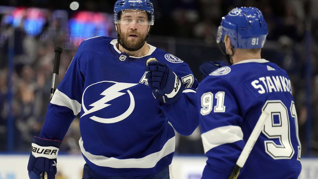 FILE - Tampa Bay Lightning defenseman Victor Hedman (77) celebrates his goal against the Anaheim Ducks with center Steven Stamkos (91) during the second period of an NHL hockey game Saturday, Jan. 13, 2024, in Tampa, Fla.