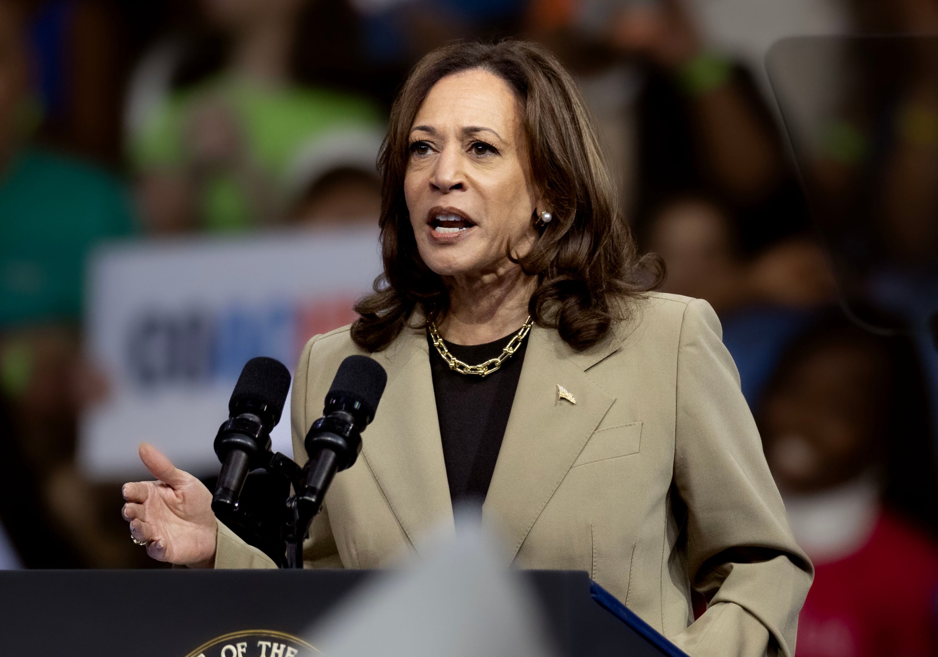 Vice President Kamala Harris speaks in Glendale, Ariz., on Aug. 9. Over 100 Republican former national security officials and members of Congress endorsed Vice President Kamala Harris in a letter of support Wednesday.