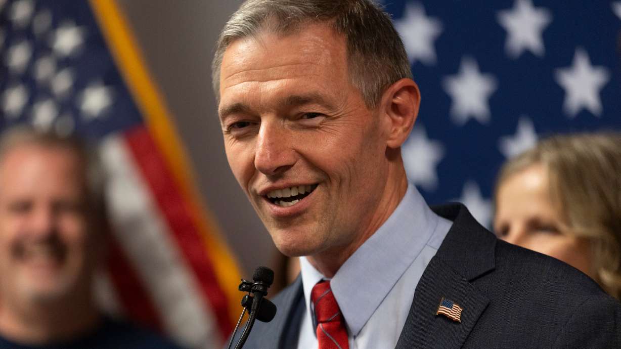Mike Kennedy gives remarks following his win during the Utah Republican primary in Sandy on June 25.