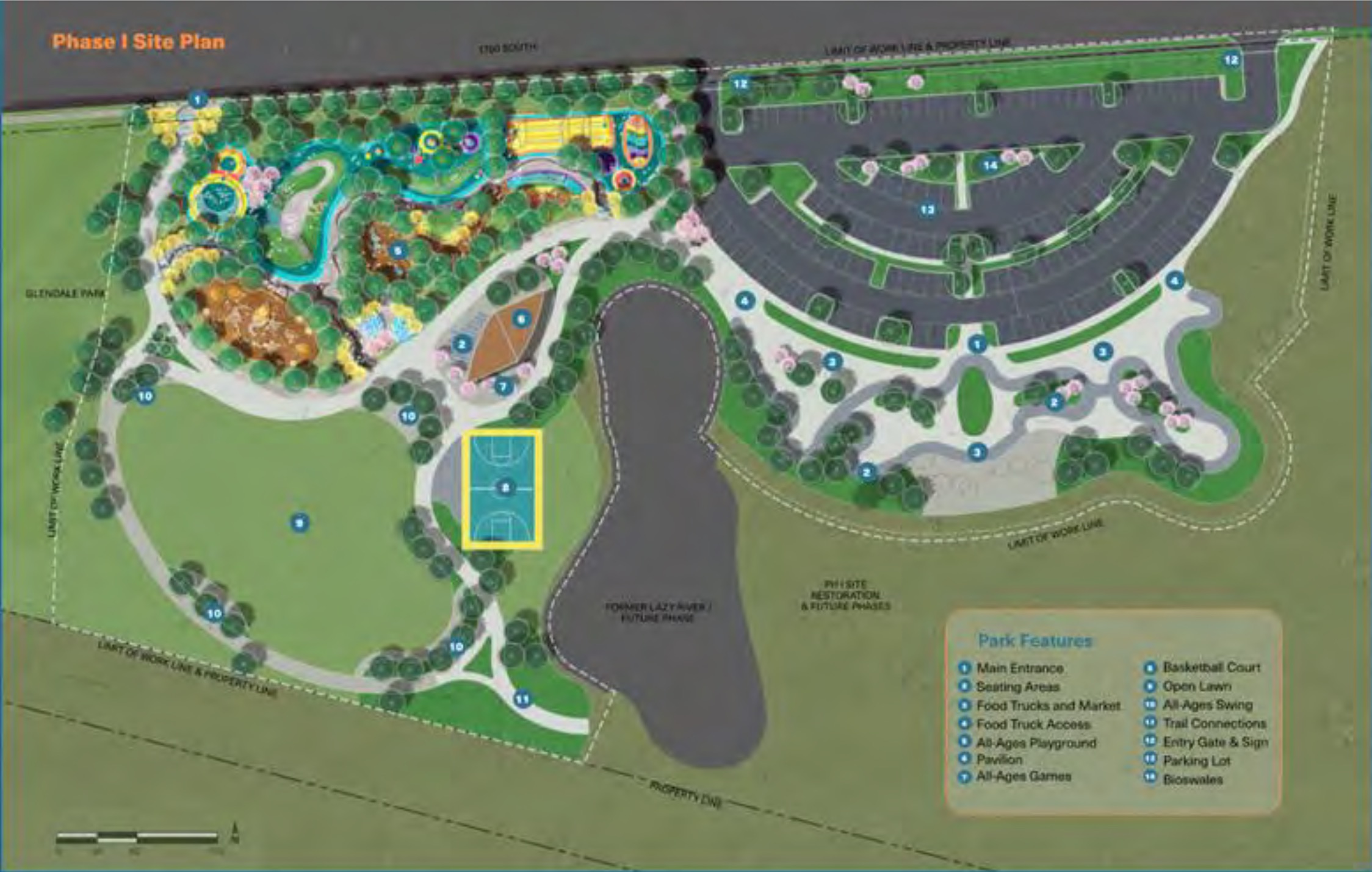 This map shows the Phase One layout of Glendale Regional Park. There will also be 12 pickleball and four tennis courts just west of this portion of the park.