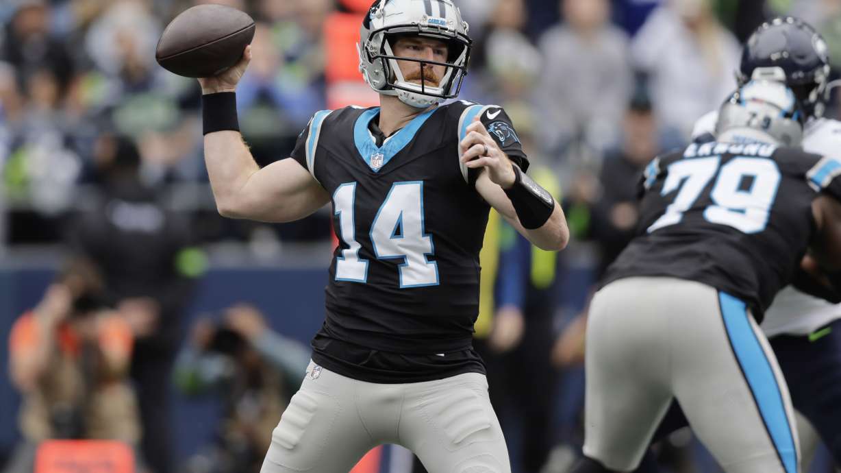 FILE - Carolina Panthers quarterback Andy Dalton (14) looks to pass against the Seattle Seahawks in an NFL football game, Sept. 24, 2023, in Seattle.