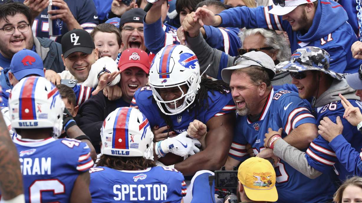 Buffalo Bills linebacker Dorian Williams celebrates his fumble recovery against the Arizona Cardinals during the second half of an NFL football game Sunday, Sept. 8, 2024, in Orchard Park, N.Y.