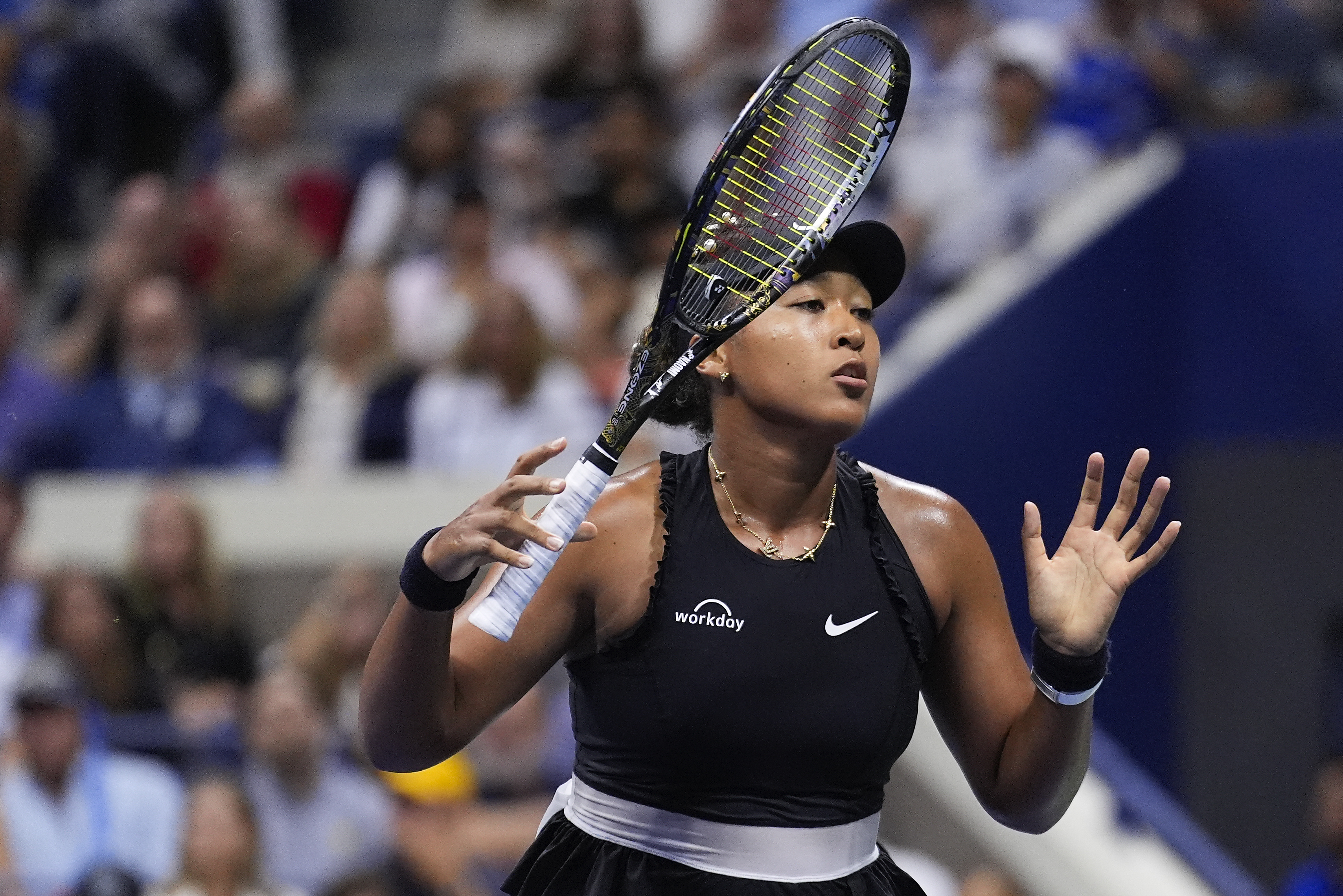 Naomi Osaka, of Japan, reacts during a match against Karolina Muchova, of the Czech Republic, during the second round of the U.S. Open tennis championships, Thursday, Aug. 29, 2024, in New York.