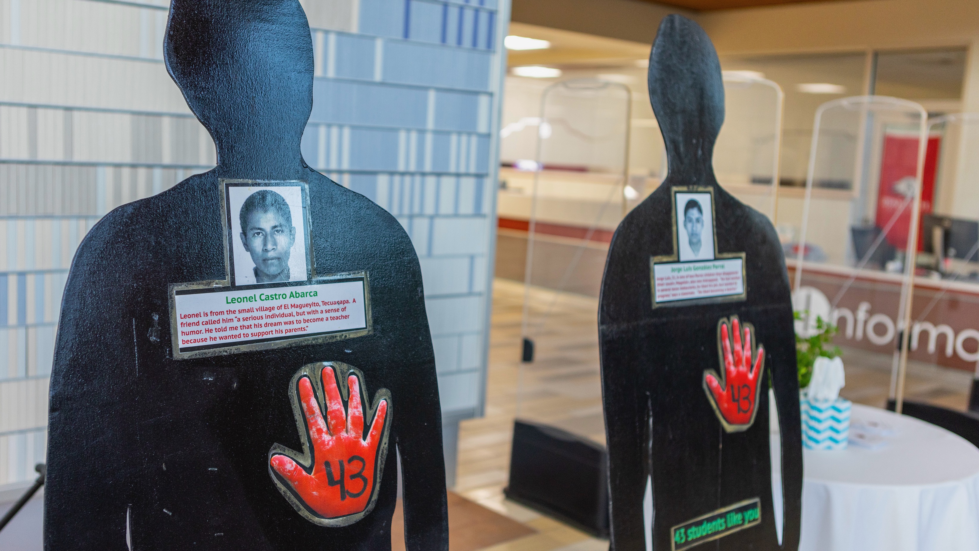 The photo shows part of the "Remembering the 43" exhibit at Utah Tech University in St. George, which marks the 10th anniversary of the 2014 disappearances of 43 students in Mexico.