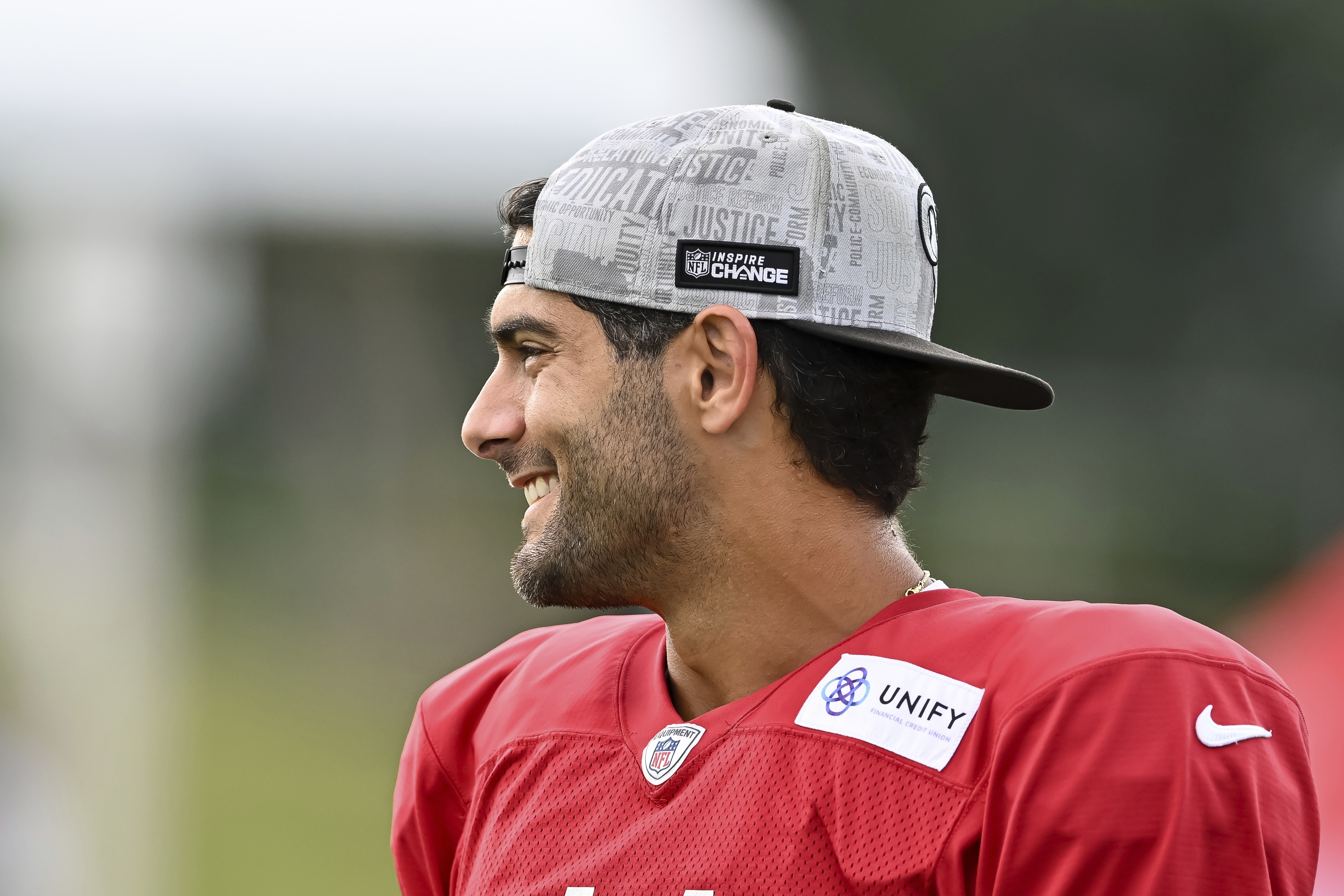 Los Angeles Rams quarterback Jimmy Garoppolo looks on during an NFL football preseason joint practice against the Houston Texans, Thursday, Aug 22, 2024, in Houston.