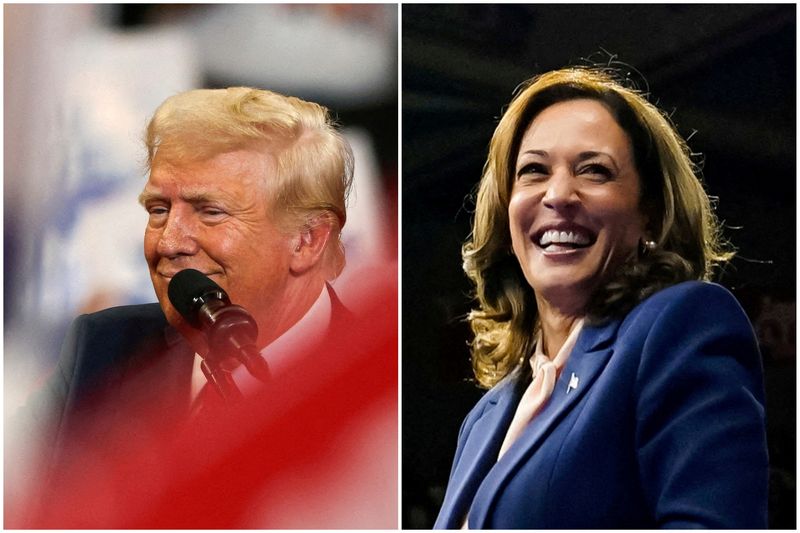 A combination picture shows Republican presidential nominee and former President Donald Trump speaking in Atlanta, Ga., Aug. 3, and Vice President and Democratic presidential candidate Kamala Harris speaking in Philadelphia, Pa., Aug. 6. Harris and Trump remain deadlocked nationally.