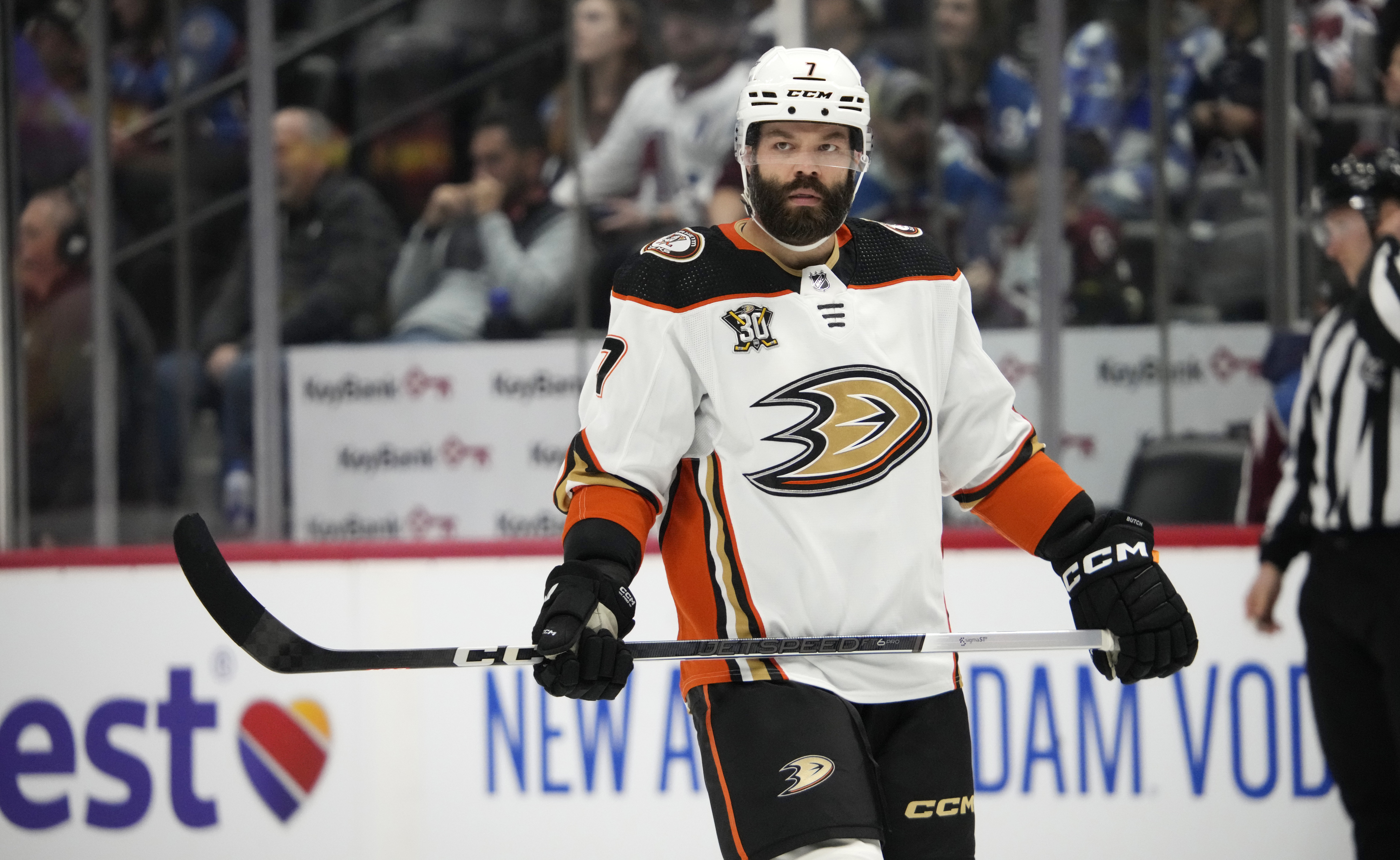 FILE - Anaheim Ducks defenseman Radko Gudas (7) looks on in the third period of an NHL hockey game against the Colorado Avalanche, Dec. 5, 2023, in Denver.