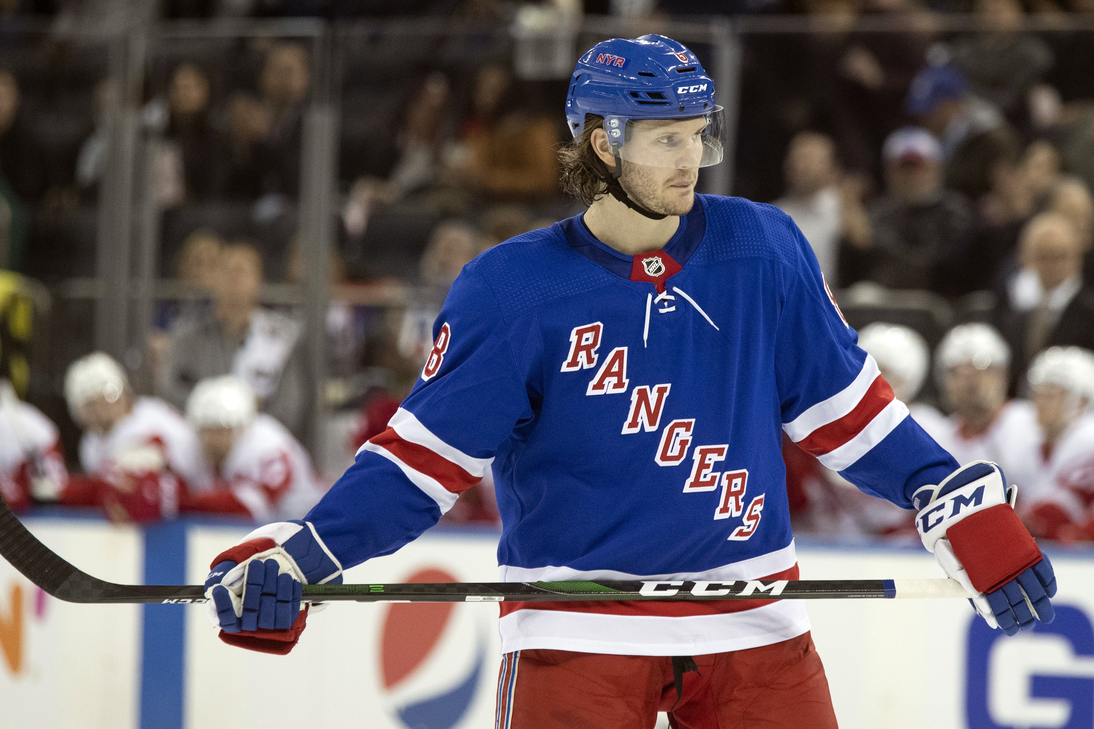 FILE - New York Rangers defenseman Jacob Trouba lines up for a face-off during the second period of an NHL hockey game against the Detroit Red Wings, Wednesday, Nov. 6, 2019, at Madison Square Garden in New York.