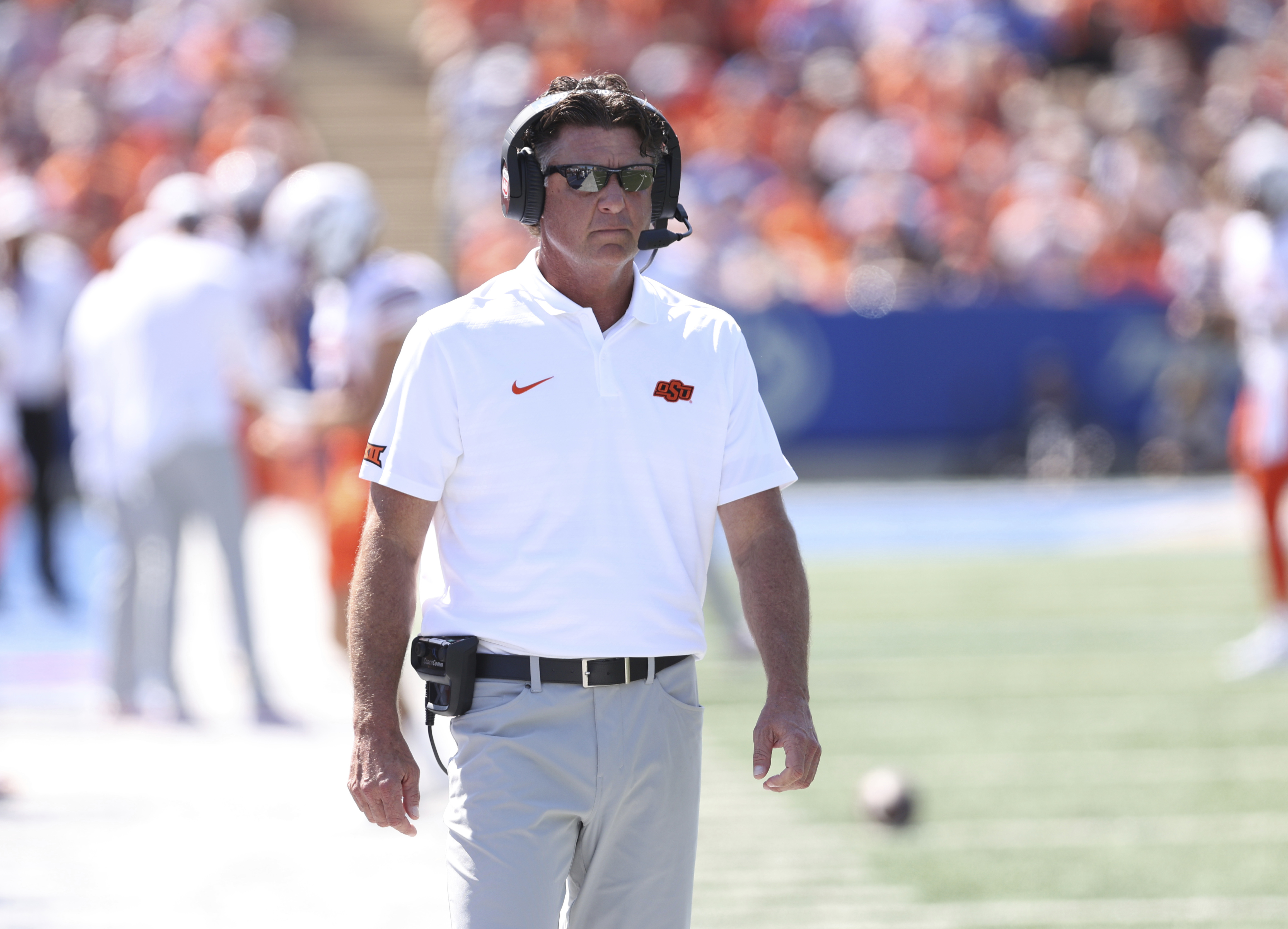 Oklahoma State head coach Mike Gundy watches during the first half of an NCAA college football game against Tulsa, Saturday, Sept. 14, 2024, in Tulsa, Okla.