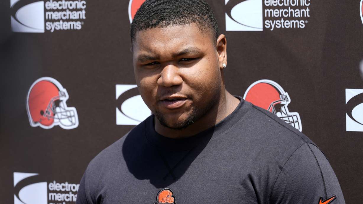 FILE - Mike Hall Jr., talks with reporters before a Cleveland Browns NFL football rookie minicamp Friday, May 10, 2024, in Berea, Ohio.
