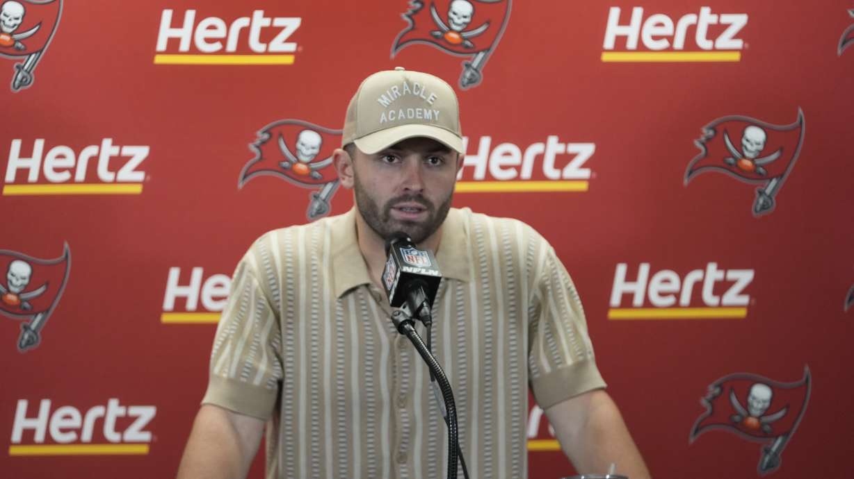 Tampa Bay Buccaneers quarterback Baker Mayfield speaks to the media after an NFL football game against the Detroit Lions in Detroit, Sunday, Sept. 15, 2024.