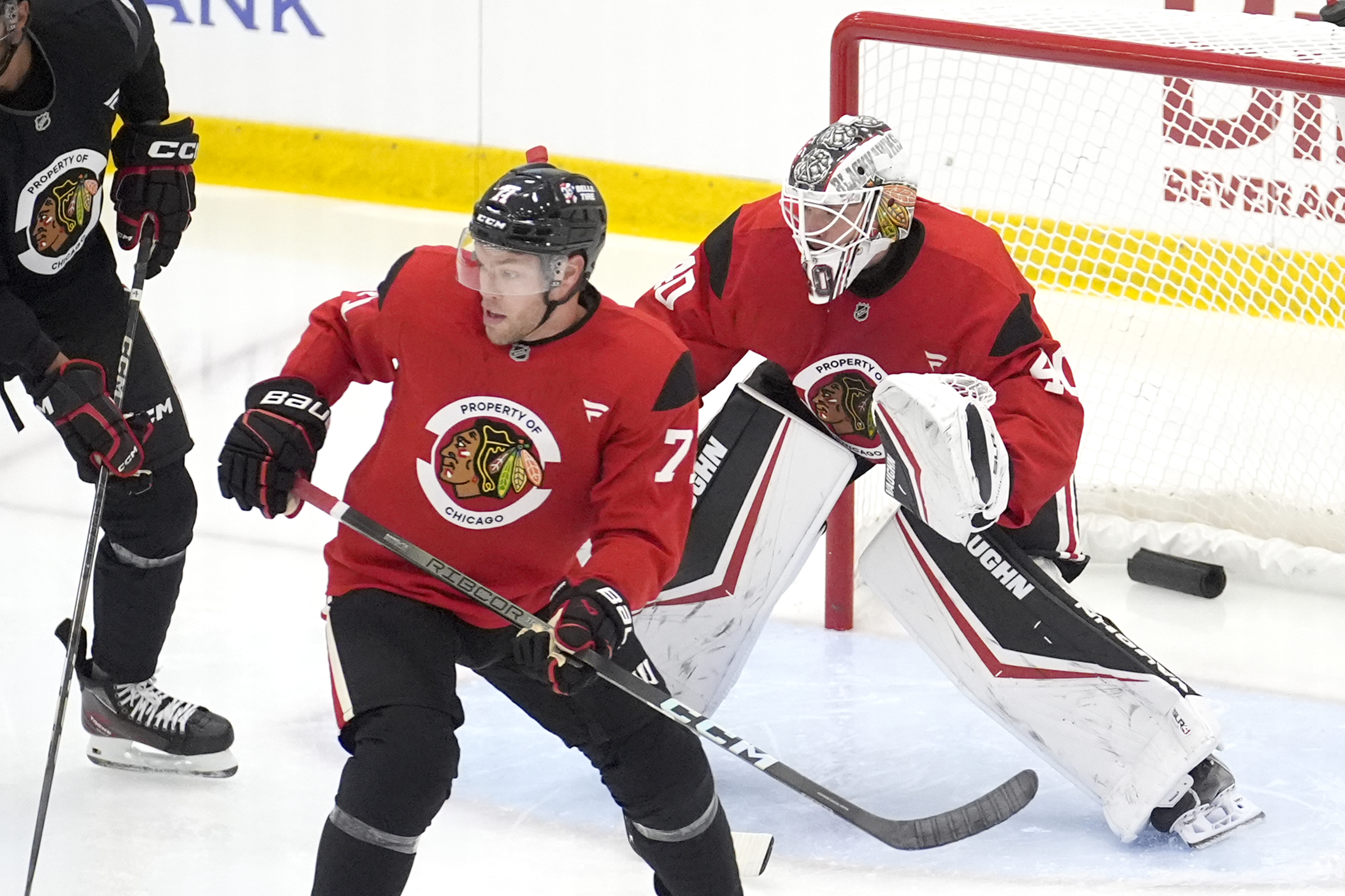 Chicago Blackhawks' Taylor Hall (71) participates in the team's NHL hockey training camp Thursday, Sept. 19, 2024, in Chicago.