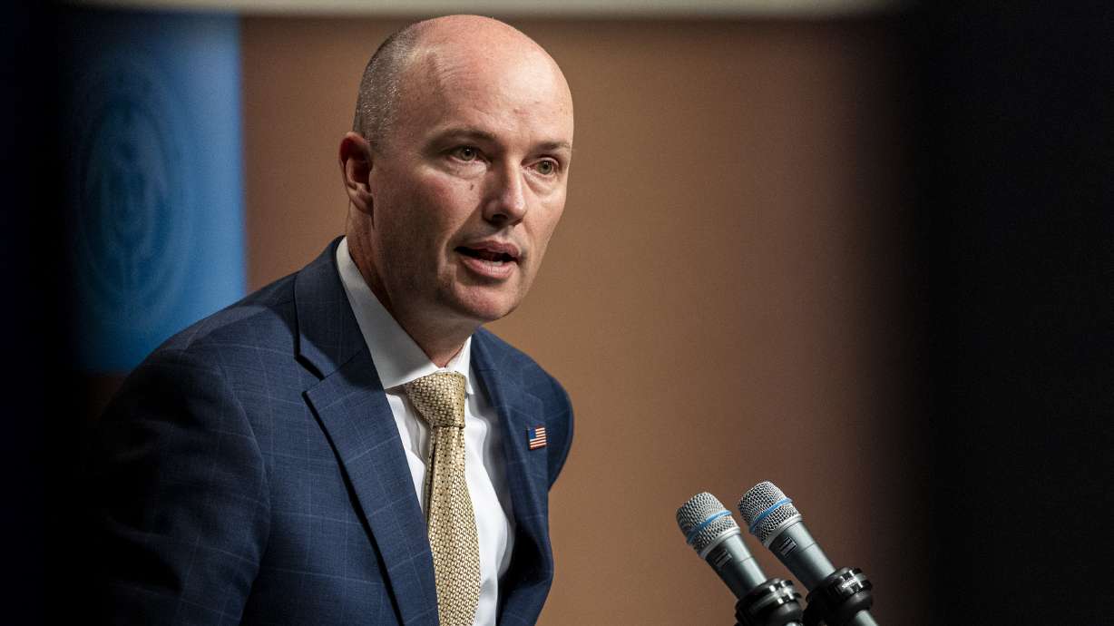 Utah Gov. Spencer Cox speaks at his monthly news conference held at the Eccles Broadcast Center in Salt Lake City on Sept. 19, 2024. Cox inked the first batch of bills from the ongoing 2025 legislative session on Friday, making two of the session's more controversial bills official.