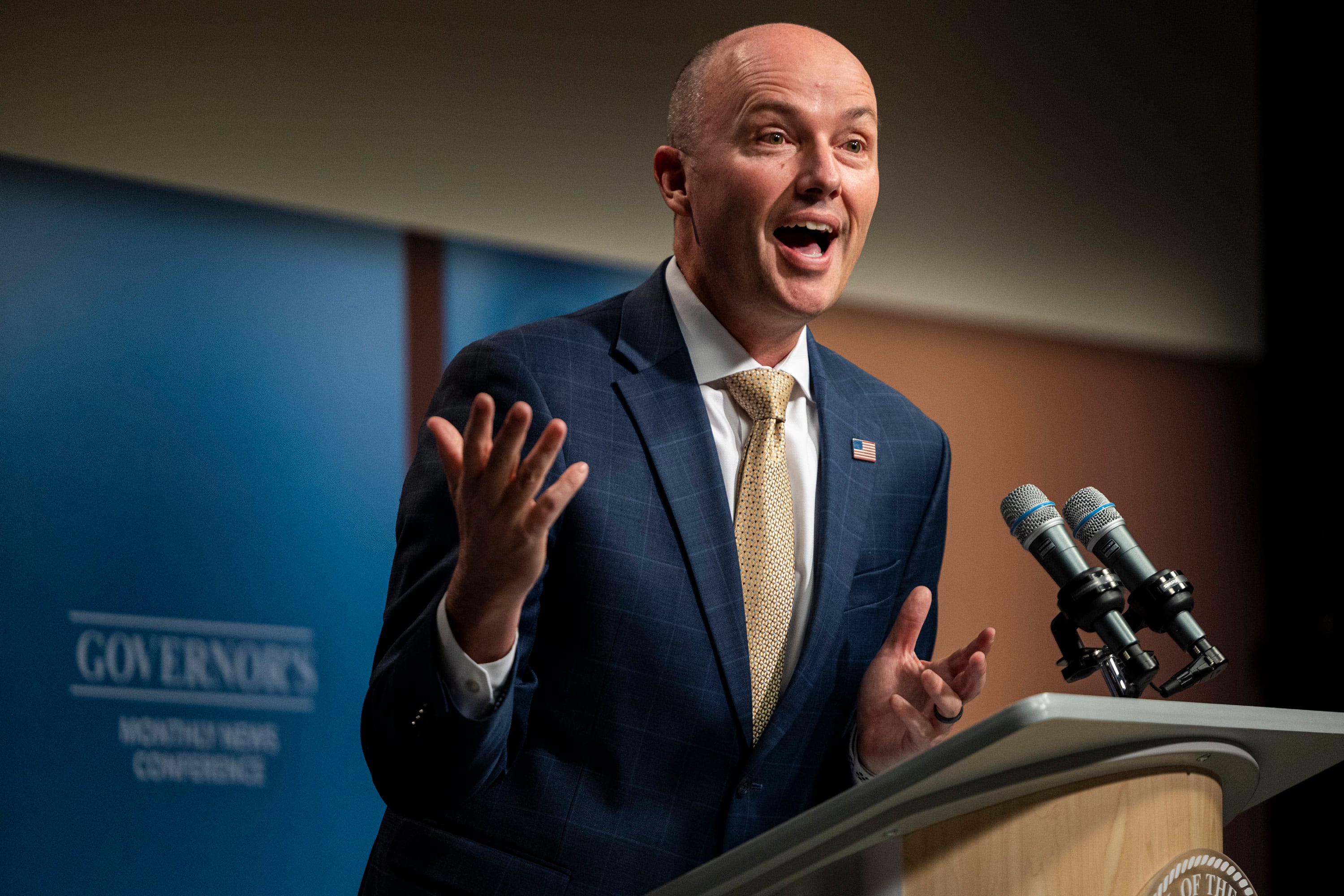 Gov. Spencer Cox at his monthly news conference at the Eccles Broadcast Center in Salt Lake City on Thursday. Cox said he was not surprised by the apparent assassination attempt against former President Donald Trump on Sunday.