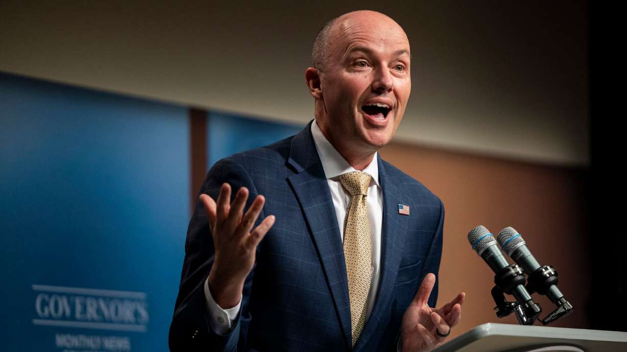 Gov. Spencer Cox at his monthly news conference at the Eccles Broadcast Center in Salt Lake City on Thursday. Cox said he was not surprised by the apparent assassination attempt against former President Donald Trump on Sunday.