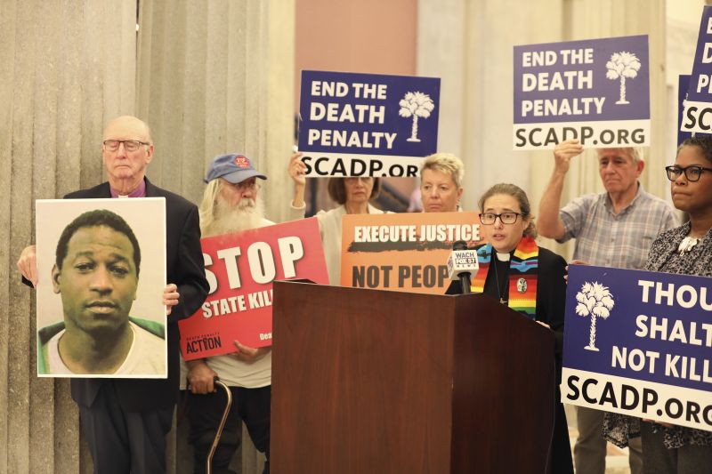 South Carolinians for Alternatives to the Death Penalty Executive Director Rev. Hillary Taylor speaks at a news conference before delivering petitions to stop the execution of Freddie Owens at the South Carolina Statehouse in Columbia, S.C., Thursday.