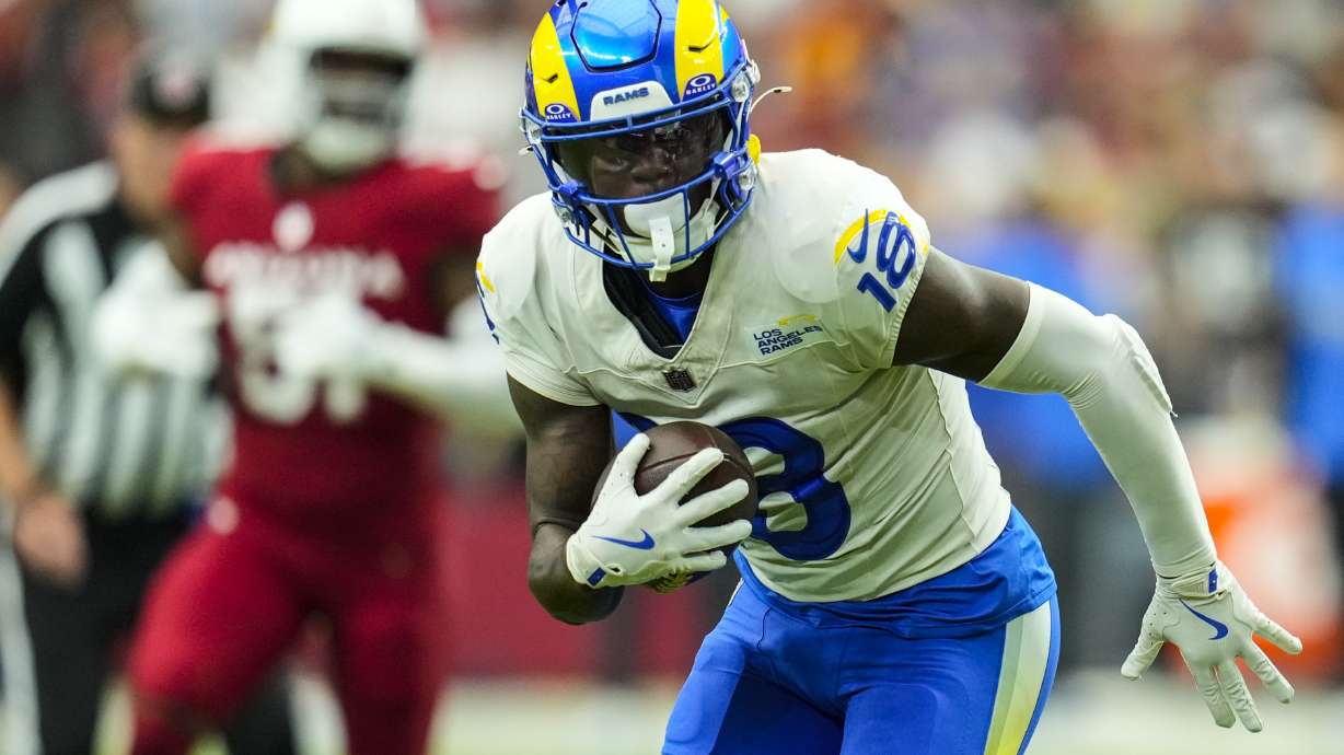 Los Angeles Rams wide receiver Tyler Johnson (18) runs against the Arizona Cardinals during the first half of an NFL football game, Sunday, Sept. 15, 2024, in Glendale, Ariz.