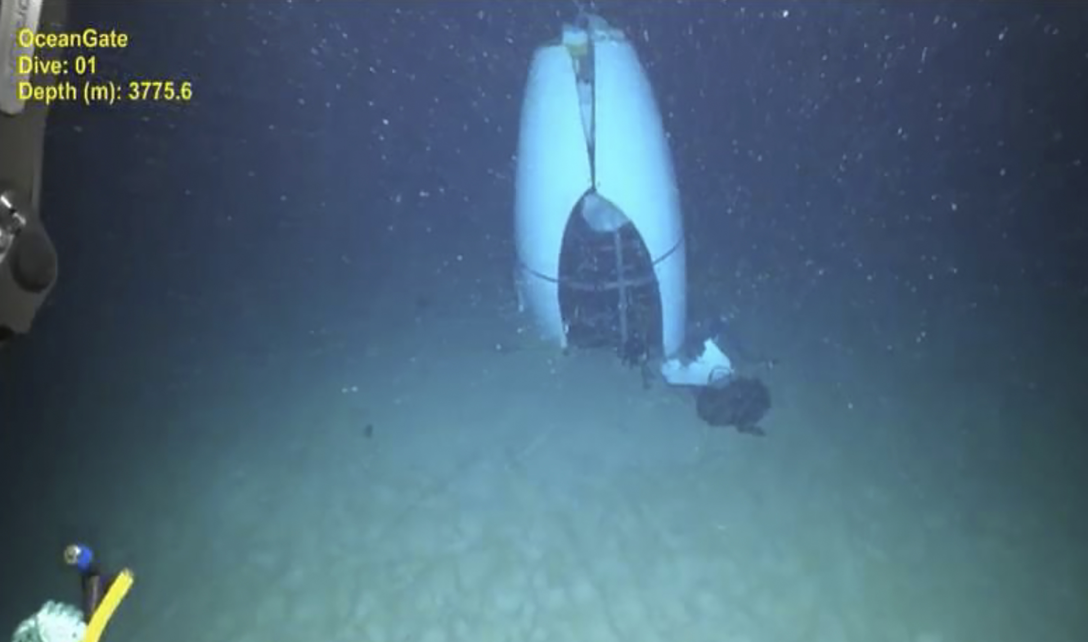 This June 2023 image shows remains of the Titan submersible on the floor of the Atlantic Ocean. A passenger on a previous dive said his mission was aborted due to an apparent malfunction.