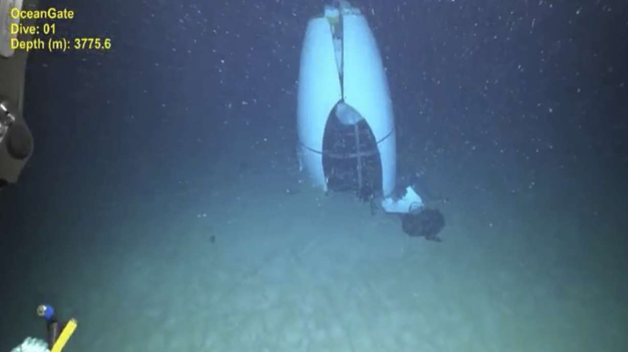 This June 2023 image shows remains of the Titan submersible on the floor of the Atlantic Ocean. A passenger on a previous dive said his mission was aborted due to an apparent malfunction.