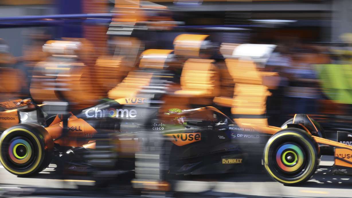 McLaren driver Lando Norris of Britain makes a pit stop during the Formula One Grand Prix in Baku, Azerbaijan, on Sunday, Sept. 15, 2024.