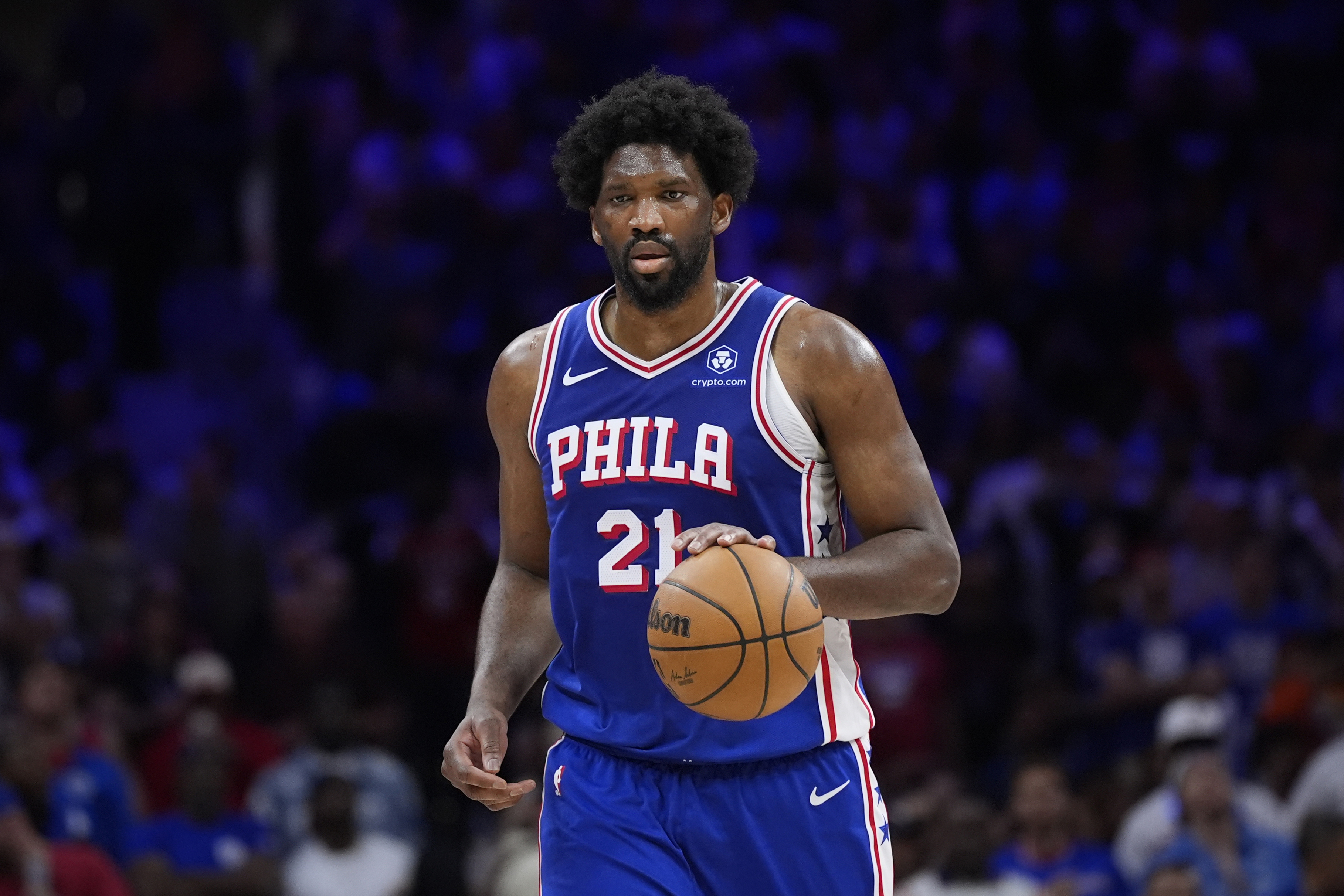FILE - Philadelphia 76ers' Joel Embiid plays during Game 6 in an NBA basketball first-round playoff series, Thursday, May 2, 2024, in Philadelphia.