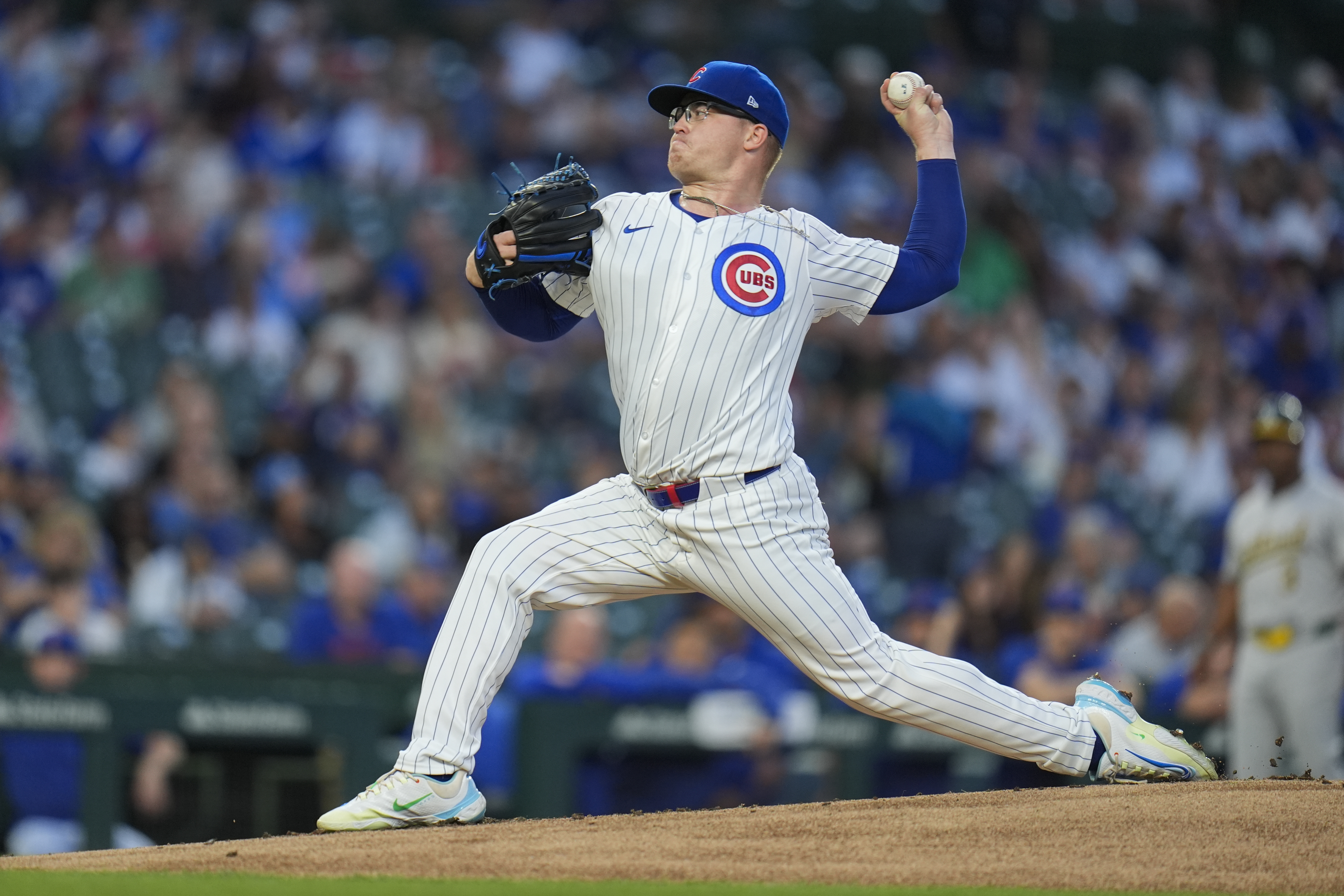 Chicago Cubs starting pitcher Jordan Wicks throws against the Oakland Athletics during the first inning of a baseball game, Tuesday, Sept. 17, 2024, in Chicago.