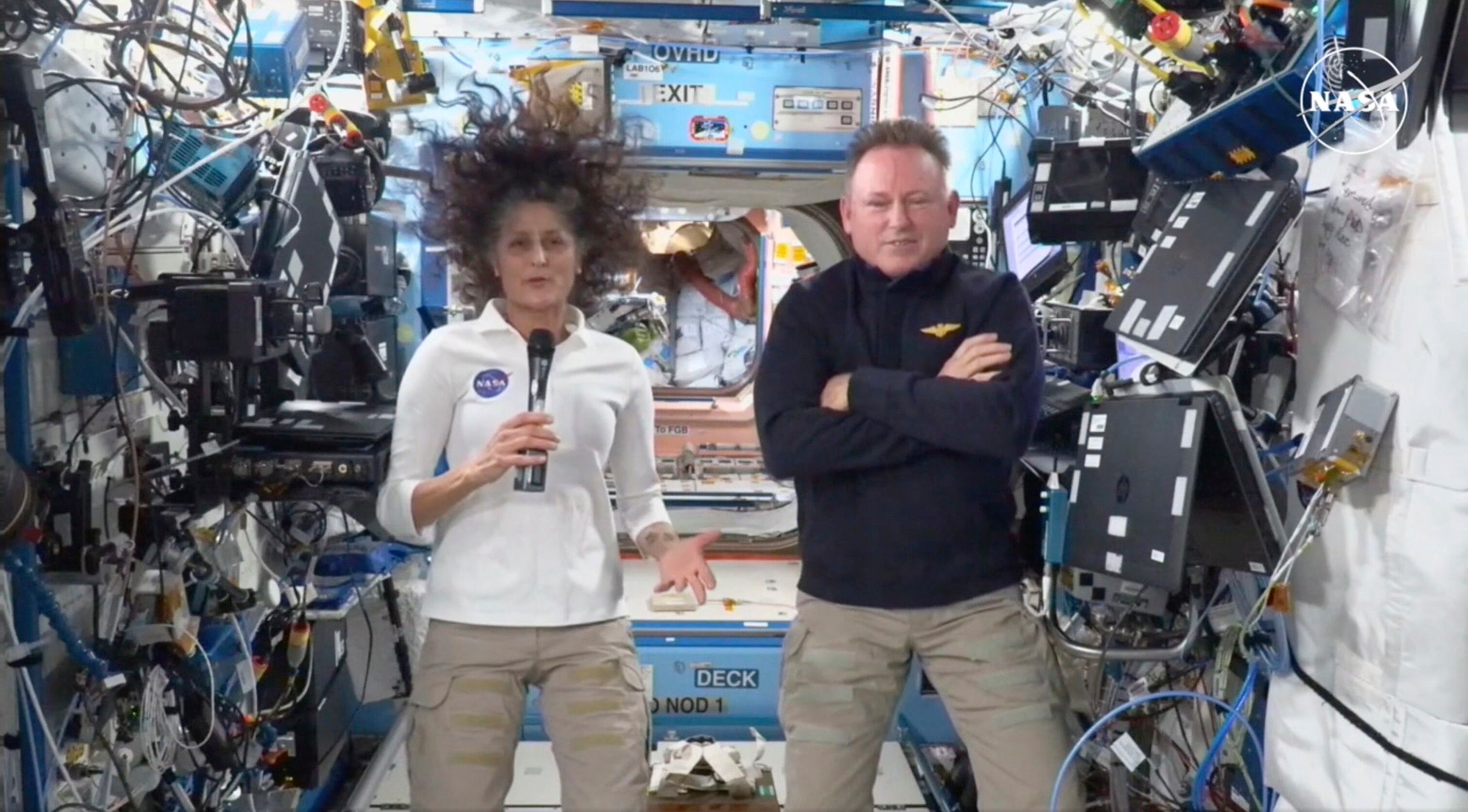 This image made from a NASA live stream shows NASA astronauts Suni Williams and Butch Wilmore during a press conference from the International Space Station on Sept. 13.