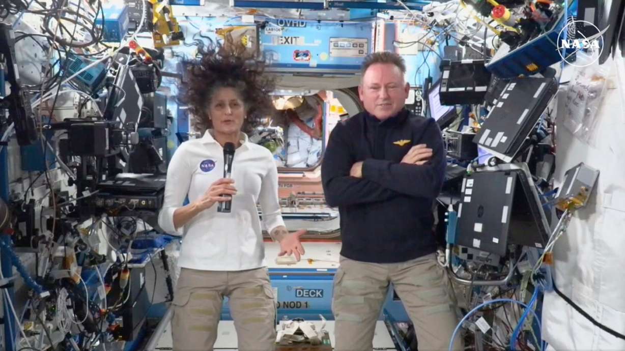 This image made from a NASA live stream shows NASA astronauts Suni Williams and Butch Wilmore during a press conference from the International Space Station on Sept. 13.