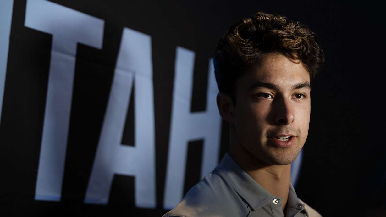 Dylan Guenther speaks to reporters at the Utah NHL Draft Party at the Delta Center in Salt Lake City on Friday, June 28, 2024.