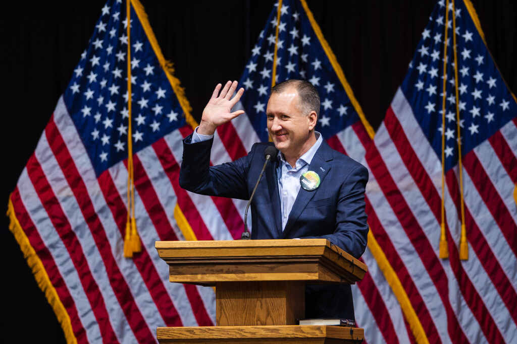 Utah State Auditor John Dougall speaks during the Utah Republican Party Organizing Convention on April 22, 2023. This week, Dougall ordered a freeze on any new taxpayer money going to Grand County, months after a scathing audit found the county intentionally misspent several million dollars.