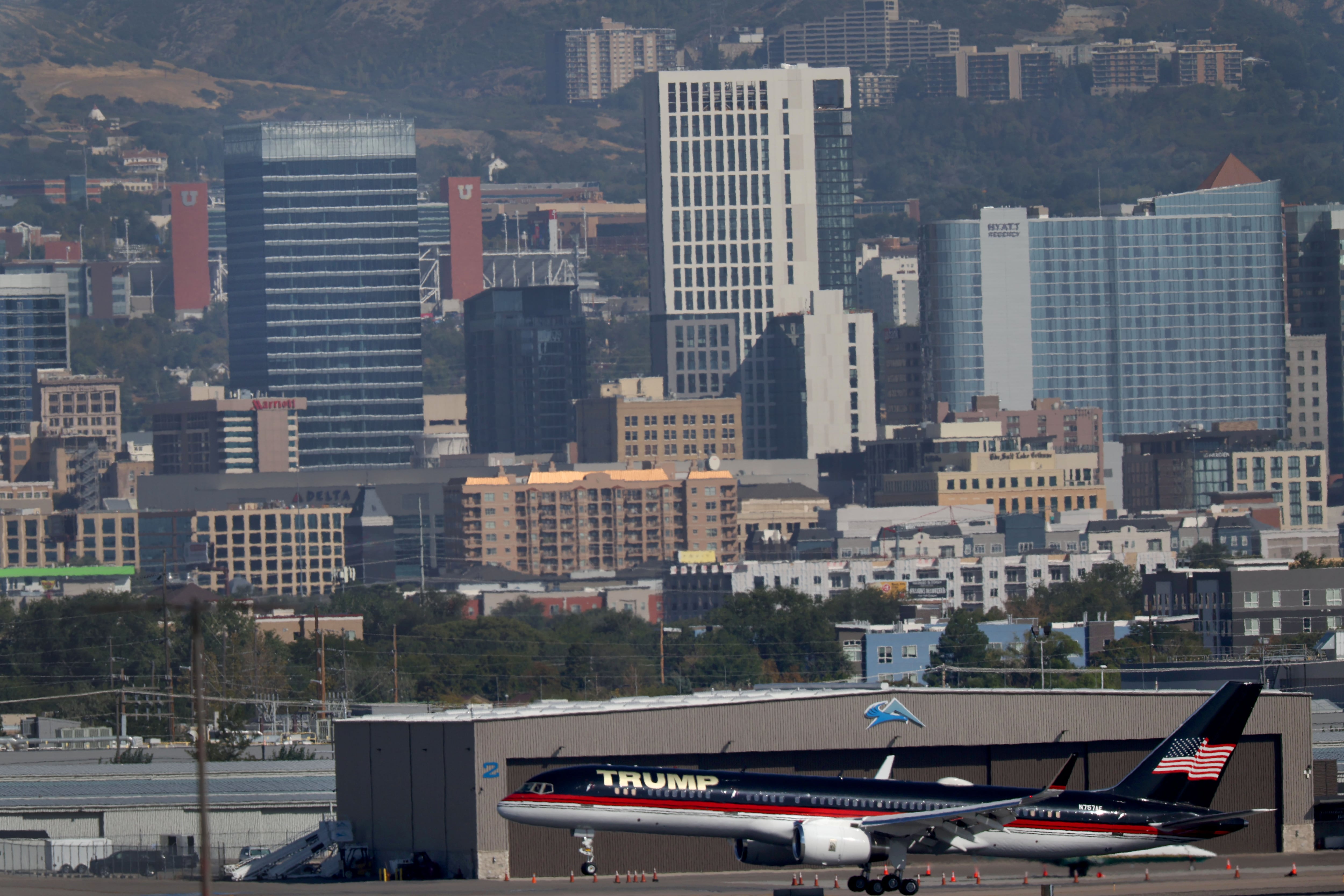 Former President Donald Trump lands at Salt Lake City International Airport for a fundraiser, Sept. 14.