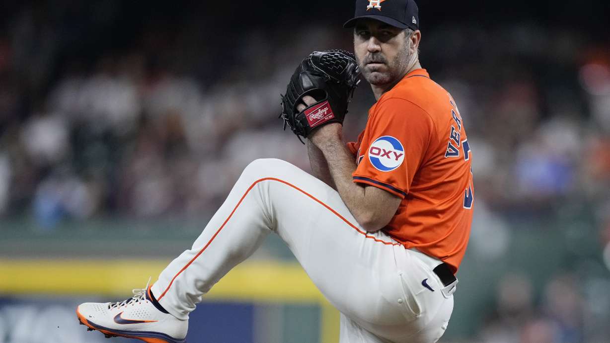 Houston Astros starting pitcher Justin Verlander delivers during the first inning of a baseball game against the Los Angeles Angels, Friday, Sept. 20, 2024, in Houston.