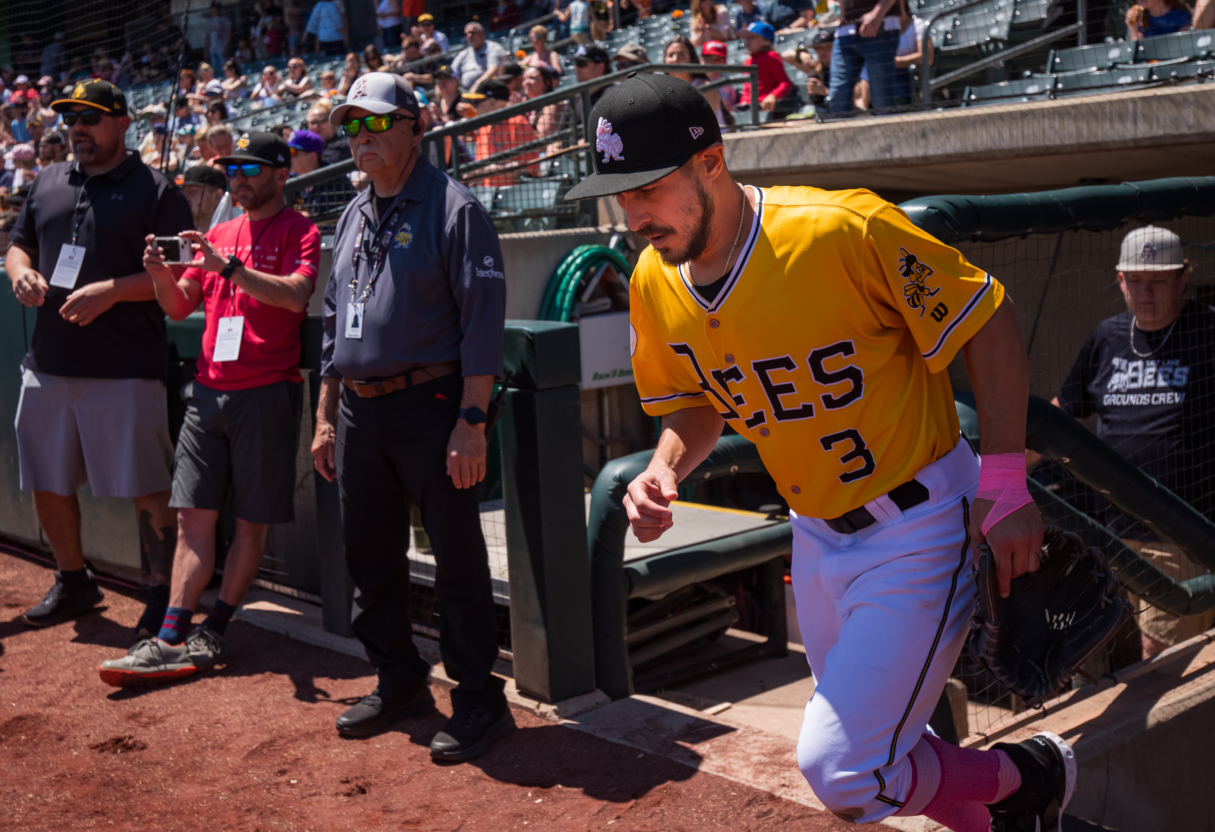 Salt Lake Bees infielder Eliot Soto runs onto the field before the team's Mother's Day matchup with Sacramento on May 12. Soto hit a go-ahead home run in the game.