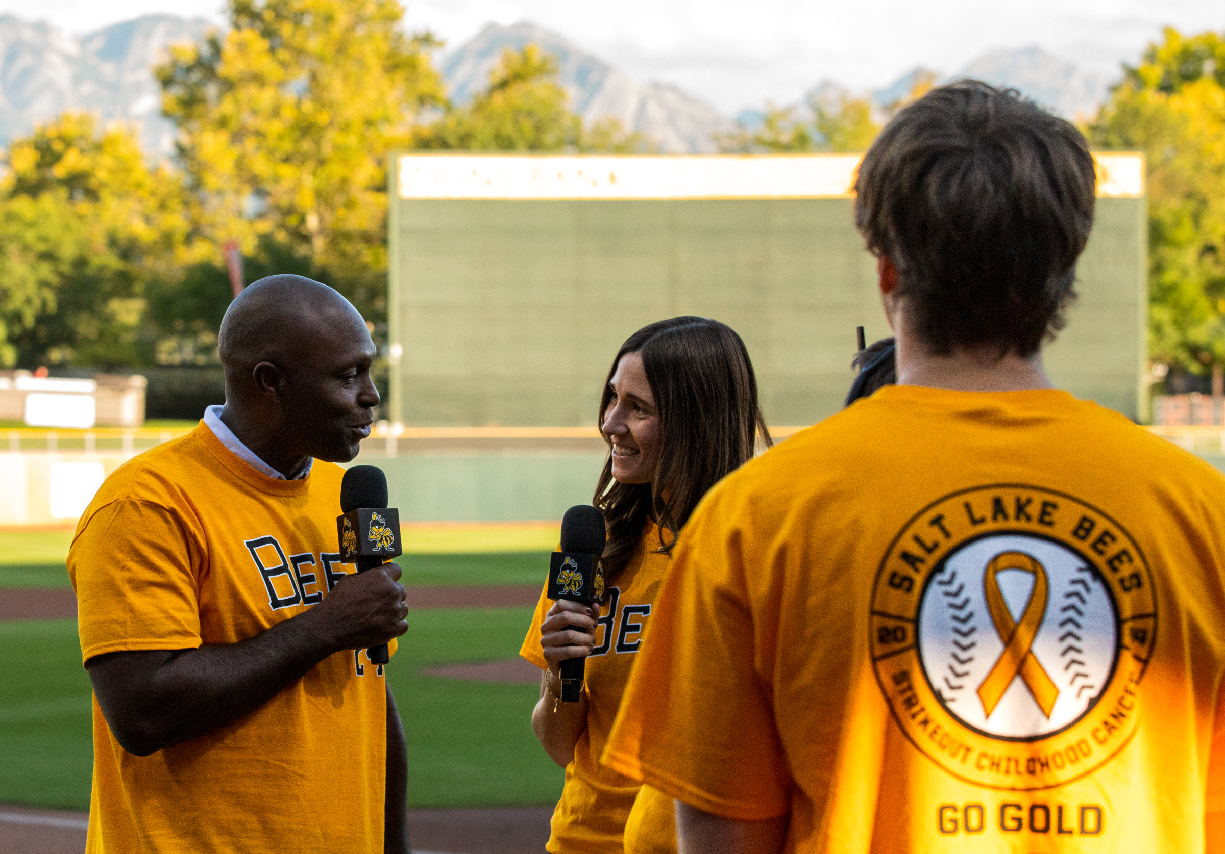 Former MLB star Torii Hunter speaks with Salt Lake Bees on-field host Sammy Miller before the Bees play Oklahoma City on Friday. Hunter spent two stints with the Salt Lake Buzz, once in 1998 and a second time in 2000.