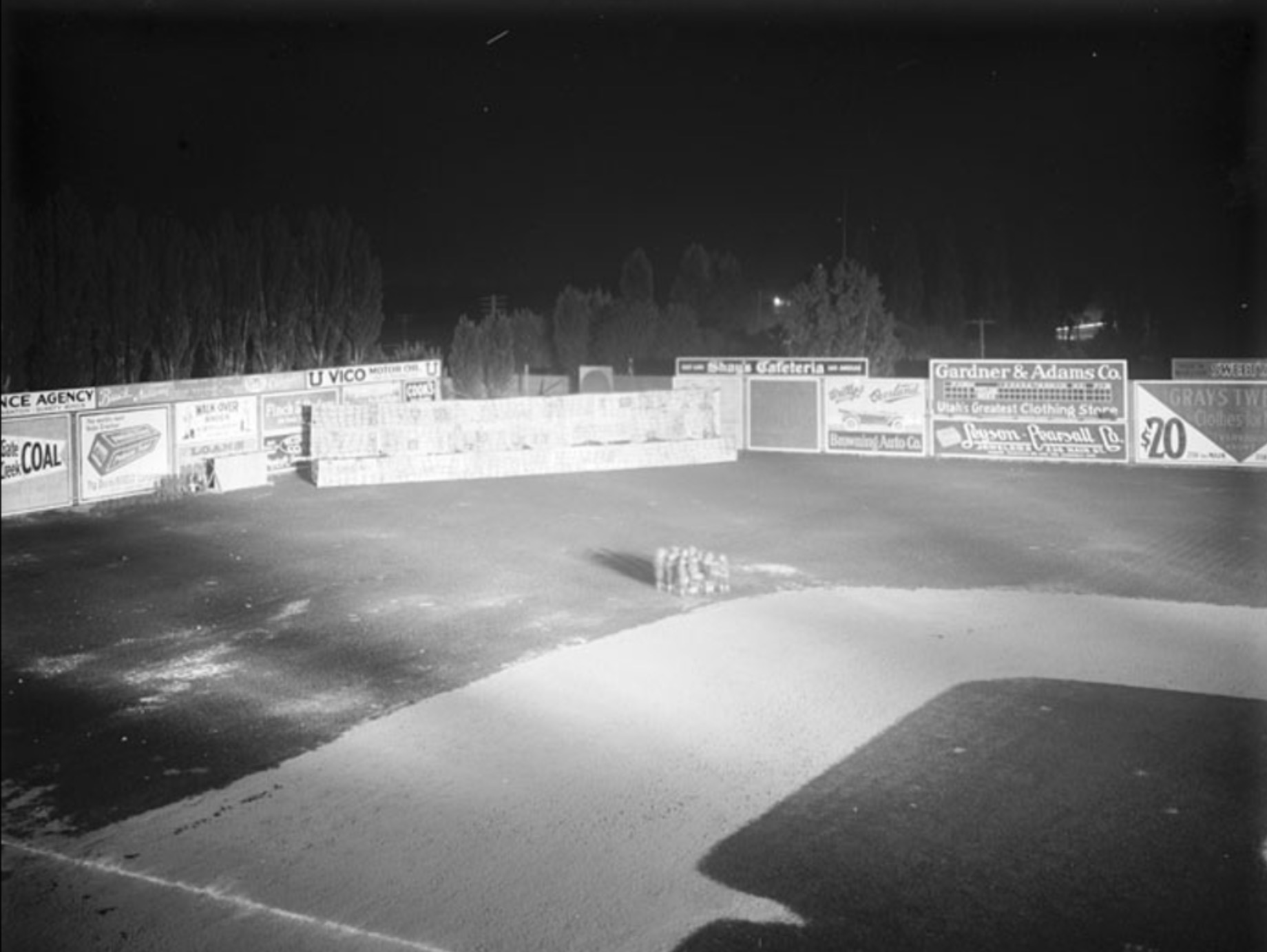 A photo of the Bonneville Baseball Park (previously Majestic Park) in Salt Lake City taken at night on Sept. 14, 1917. It was home to the first Salt Lake Bees team.