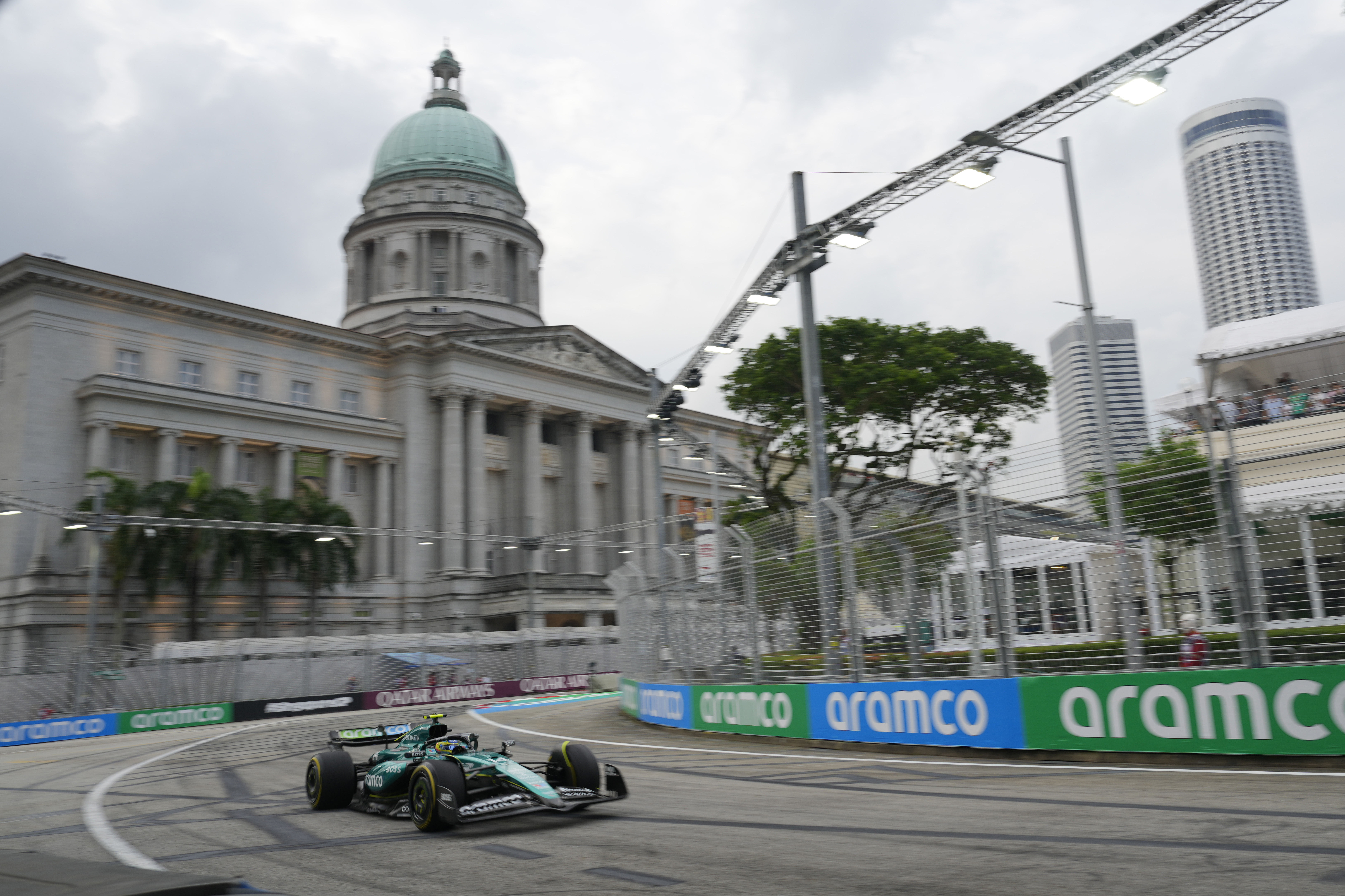 Aston Martin driver Fernando Alonso of Spain steers his car during the third practice session of the Singapore Formula One Grand Prix at the Marina Bay Street Circuit, in Singapore, Saturday, Sept. 21, 2024.