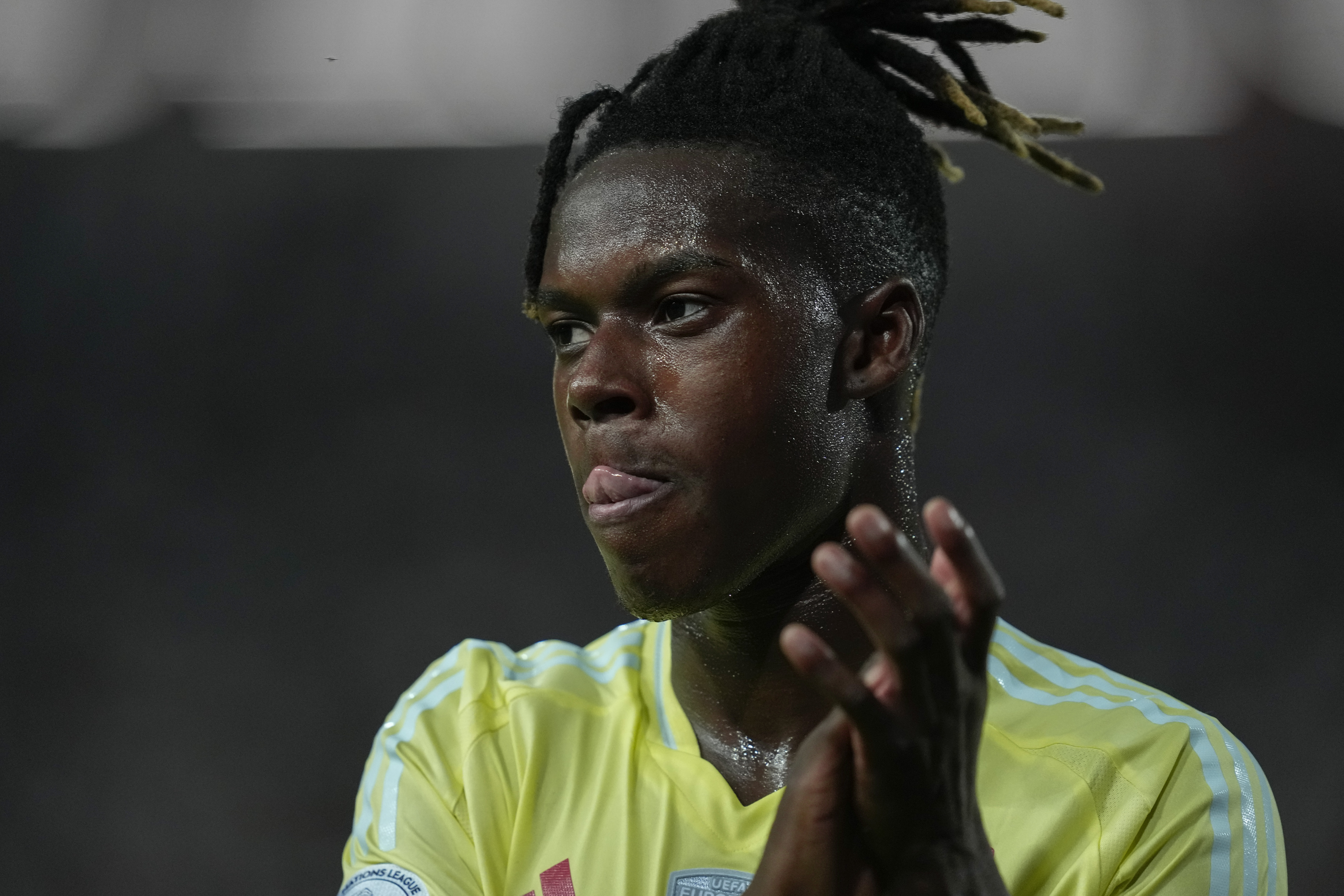 Spain's Nico Williams leaves the pitch after being substituted during the UEFA Nations League soccer match between Serbia and Spain at the Rajko Mitic Stadium, in Belgrade, Serbia, Thursday, Sept. 5, 2024. 