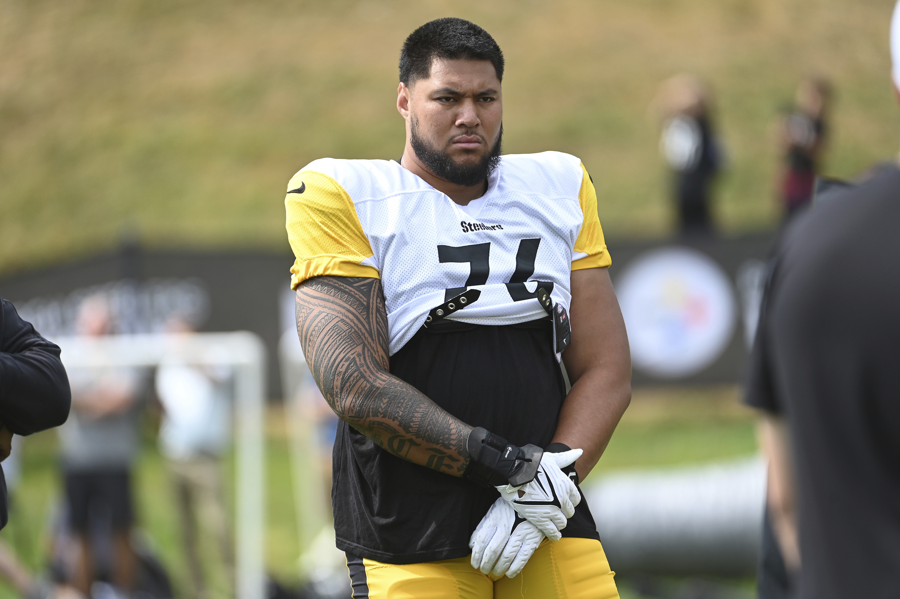 FILE - Pittsburgh Steelers offensive tackle Troy Fautanu looks on during the NFL football team's training camp in Latrobe, Pa., Tuesday, July 30, 2024.